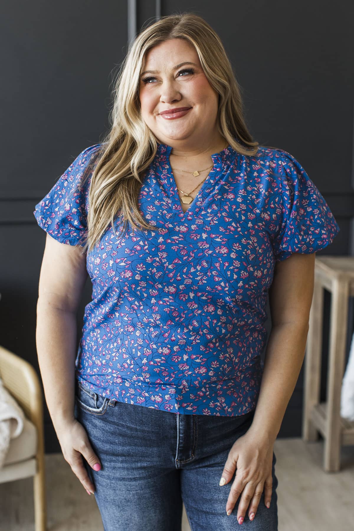 Adorably Authentic Puff Sleeve Floral Blouse- Royal Blue - Image 2