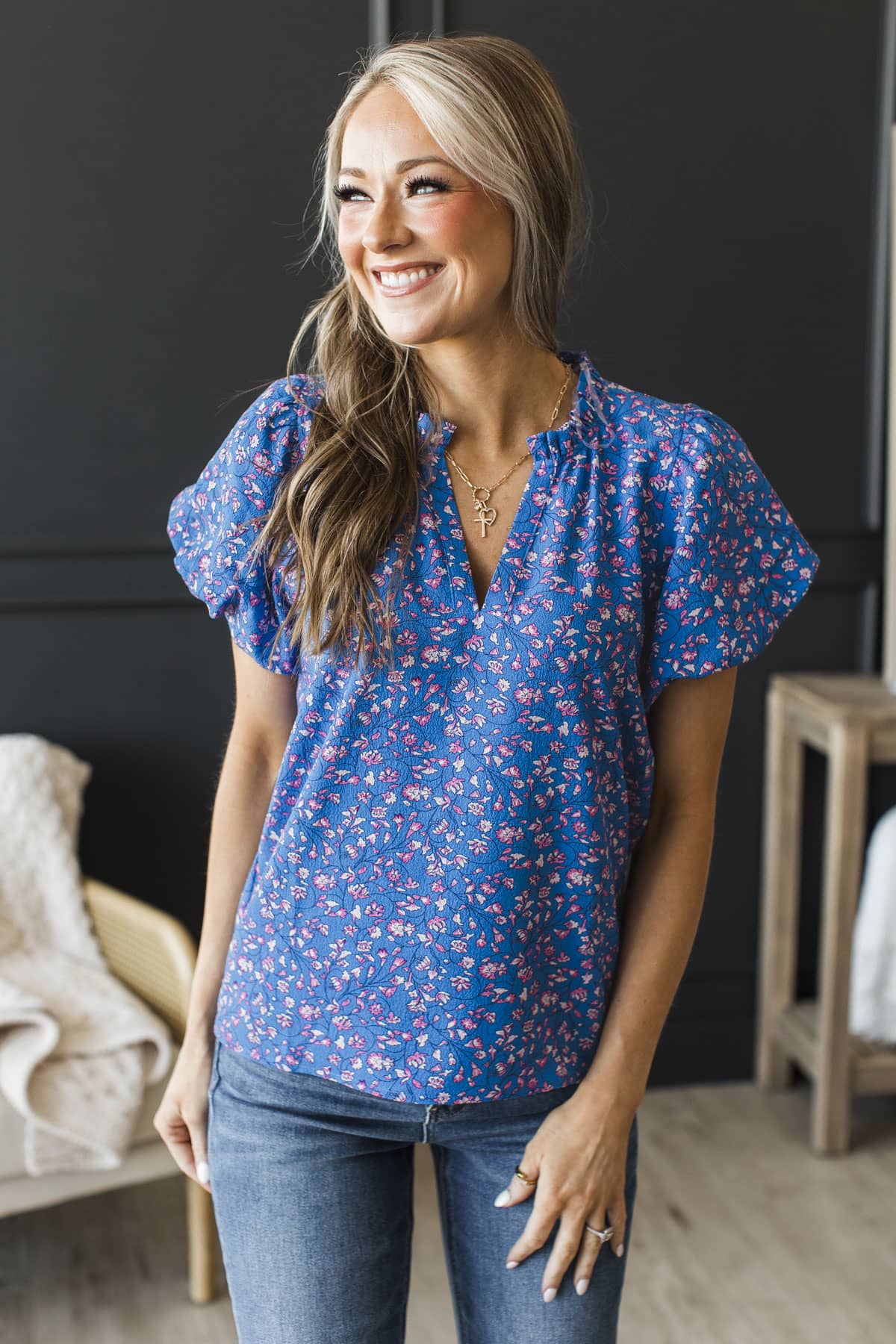Adorably Authentic Puff Sleeve Floral Blouse- Royal Blue - Image 3