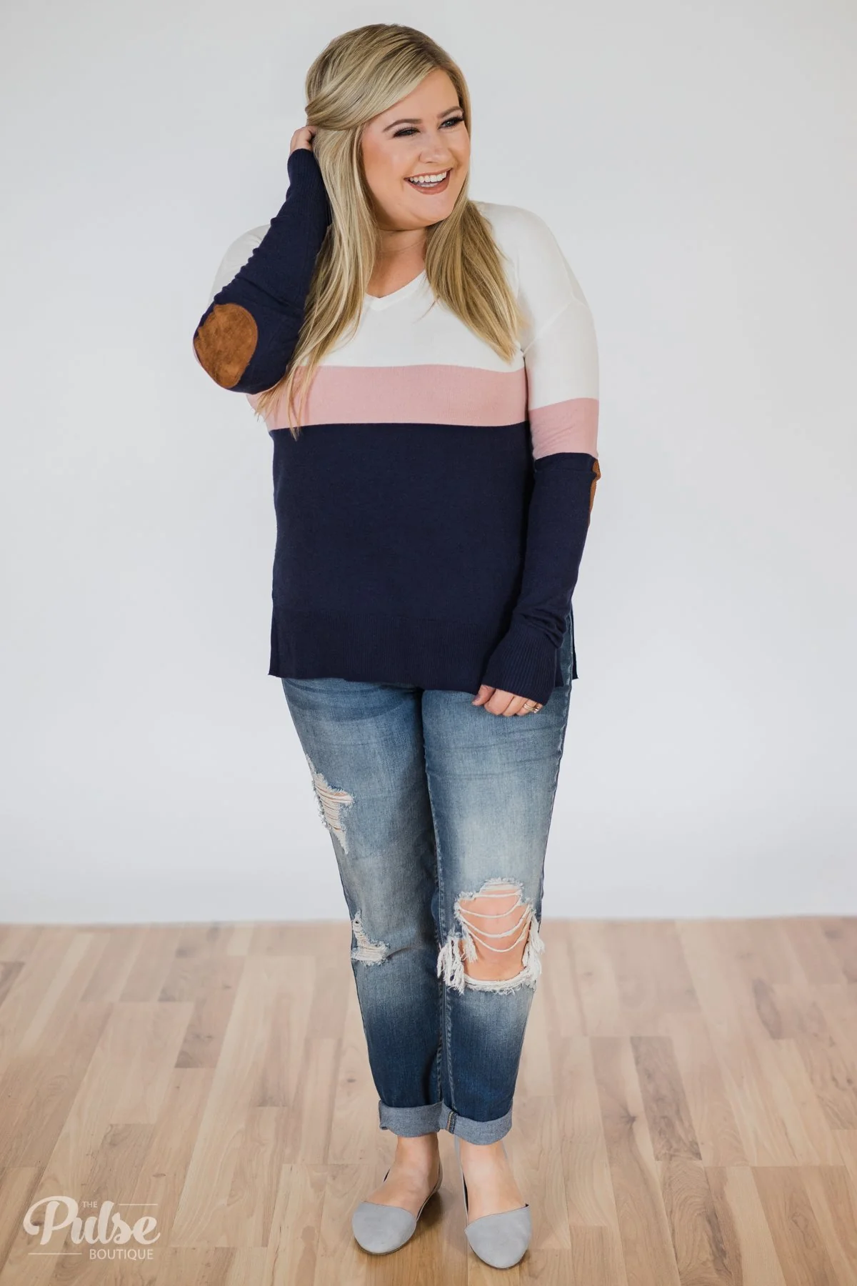 Adore You Color Block Sweater- Navy & Pink - Image 3