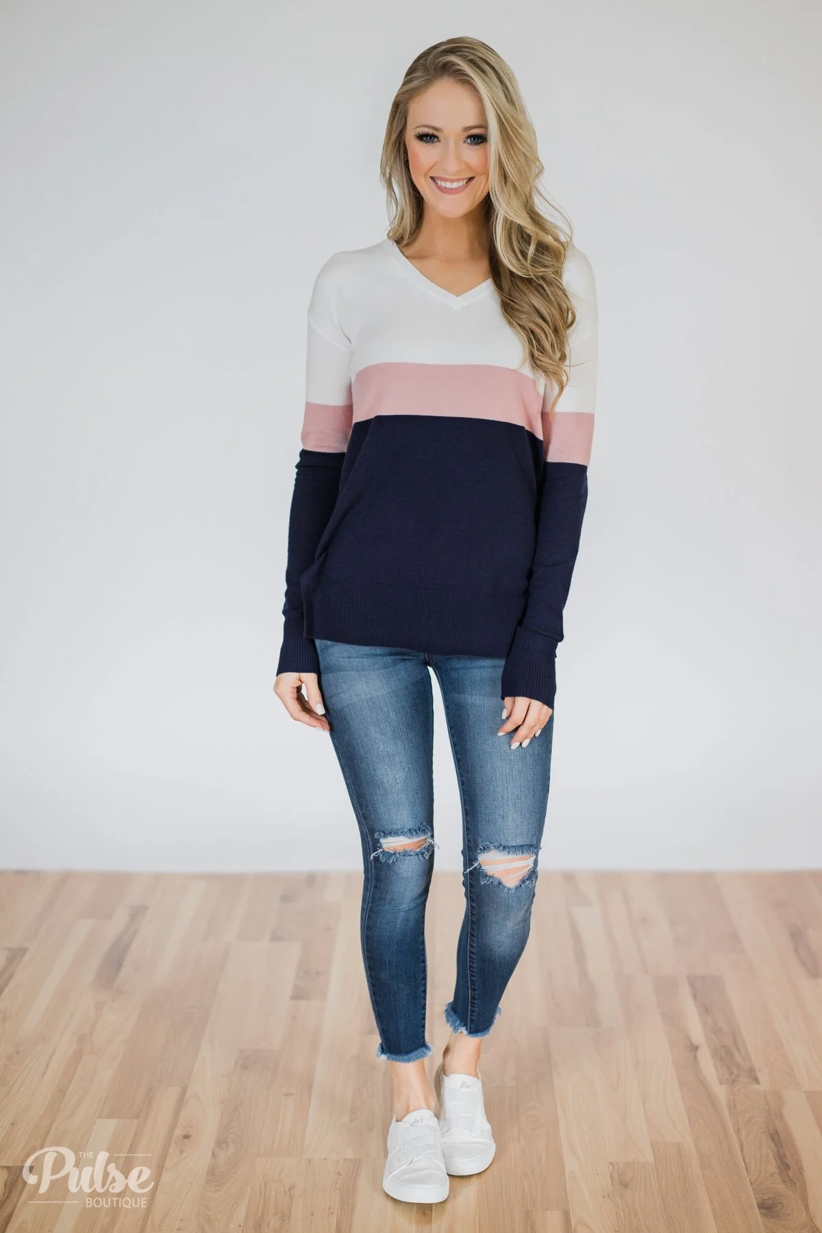 Adore You Color Block Sweater- Navy & Pink - Image 4
