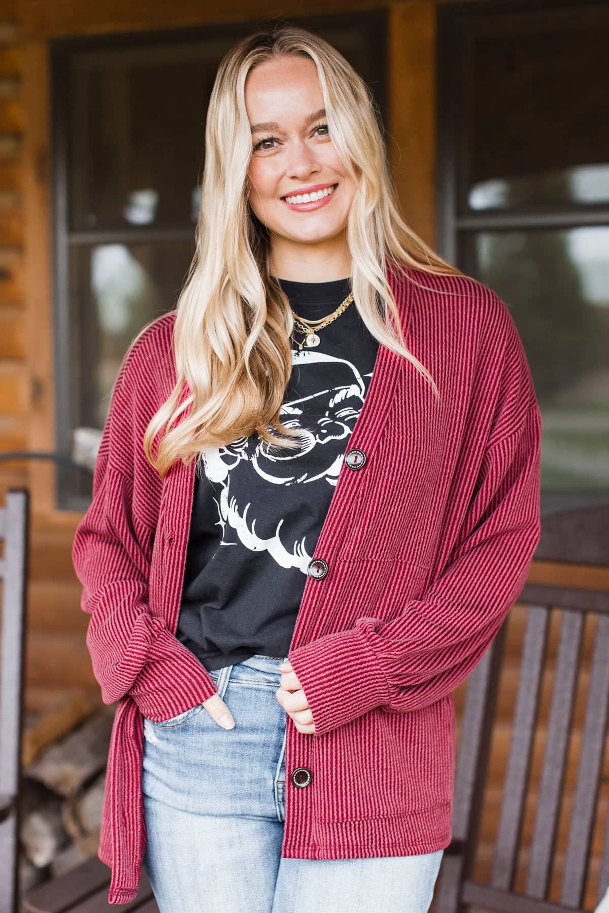 Adored By All Ribbed Button Cardigan- Burgundy - Image 4