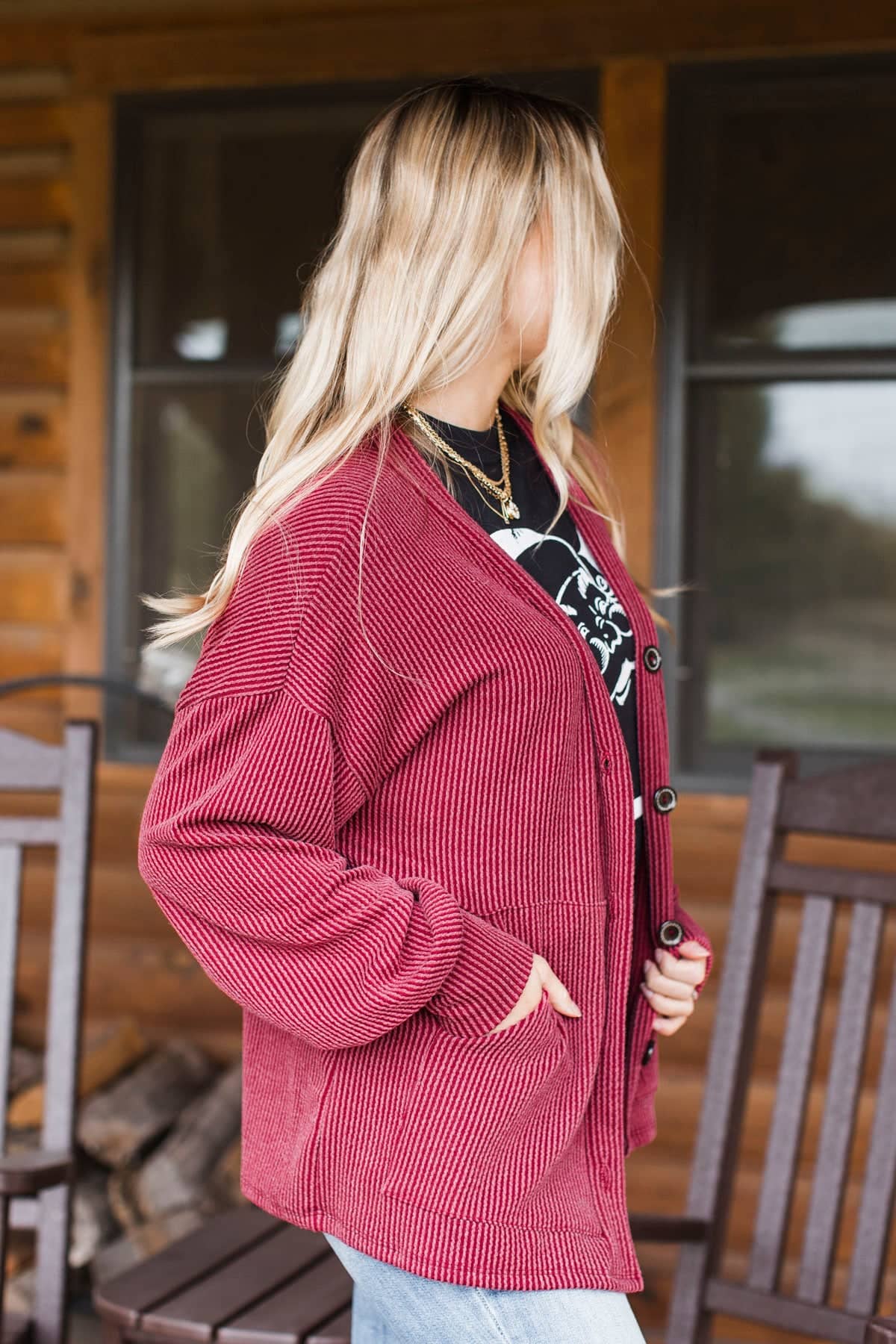 Adored By All Ribbed Button Cardigan- Burgundy - Image 6