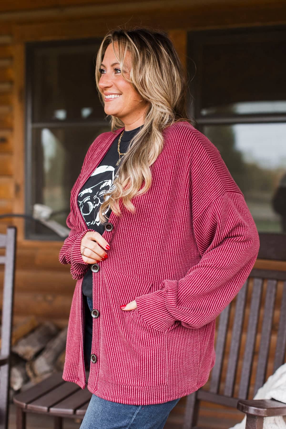 Adored By All Ribbed Button Cardigan- Burgundy - Image 7