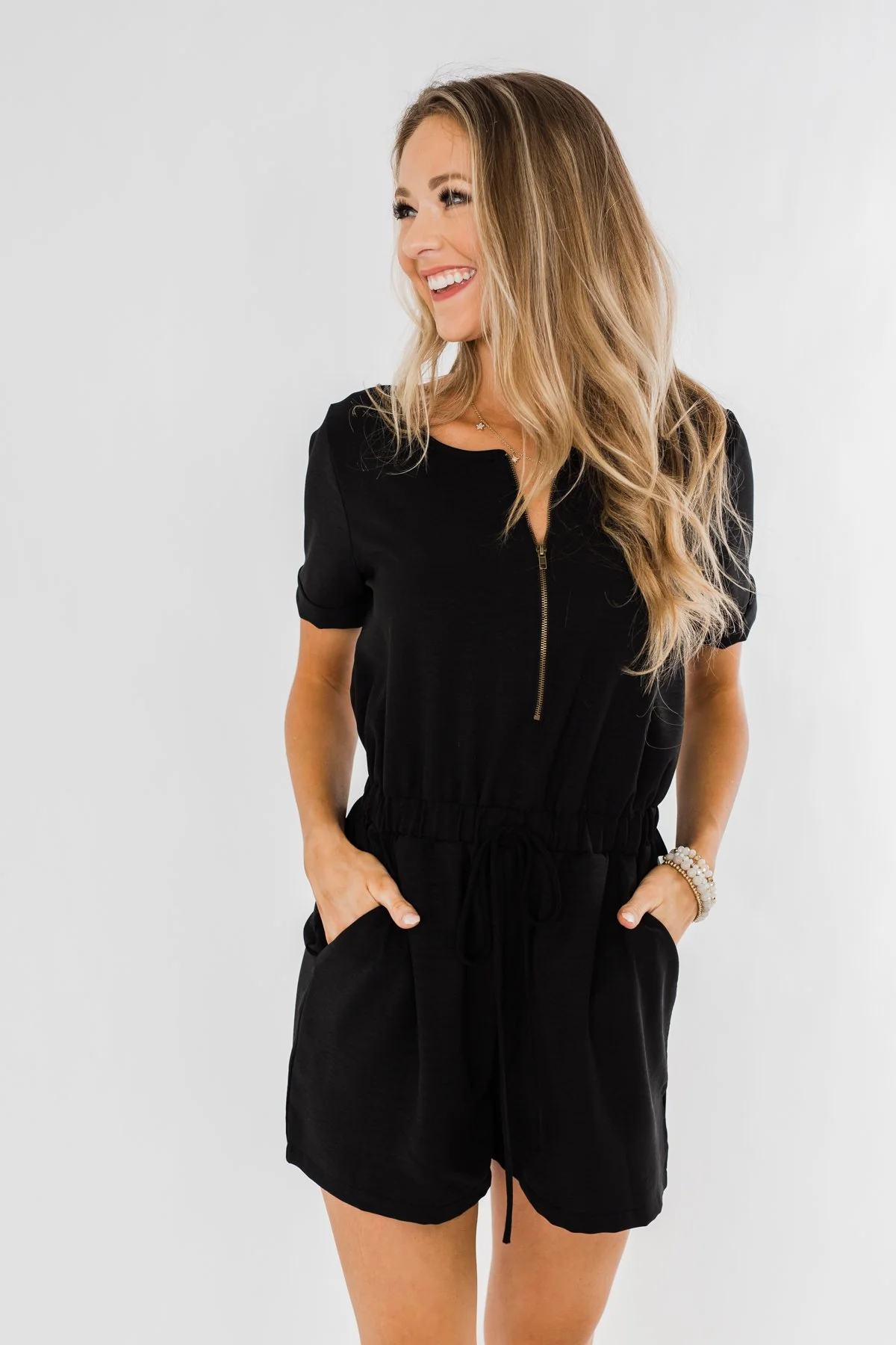 Adventure Awaits Half-Zip Romper- Black - Image 4