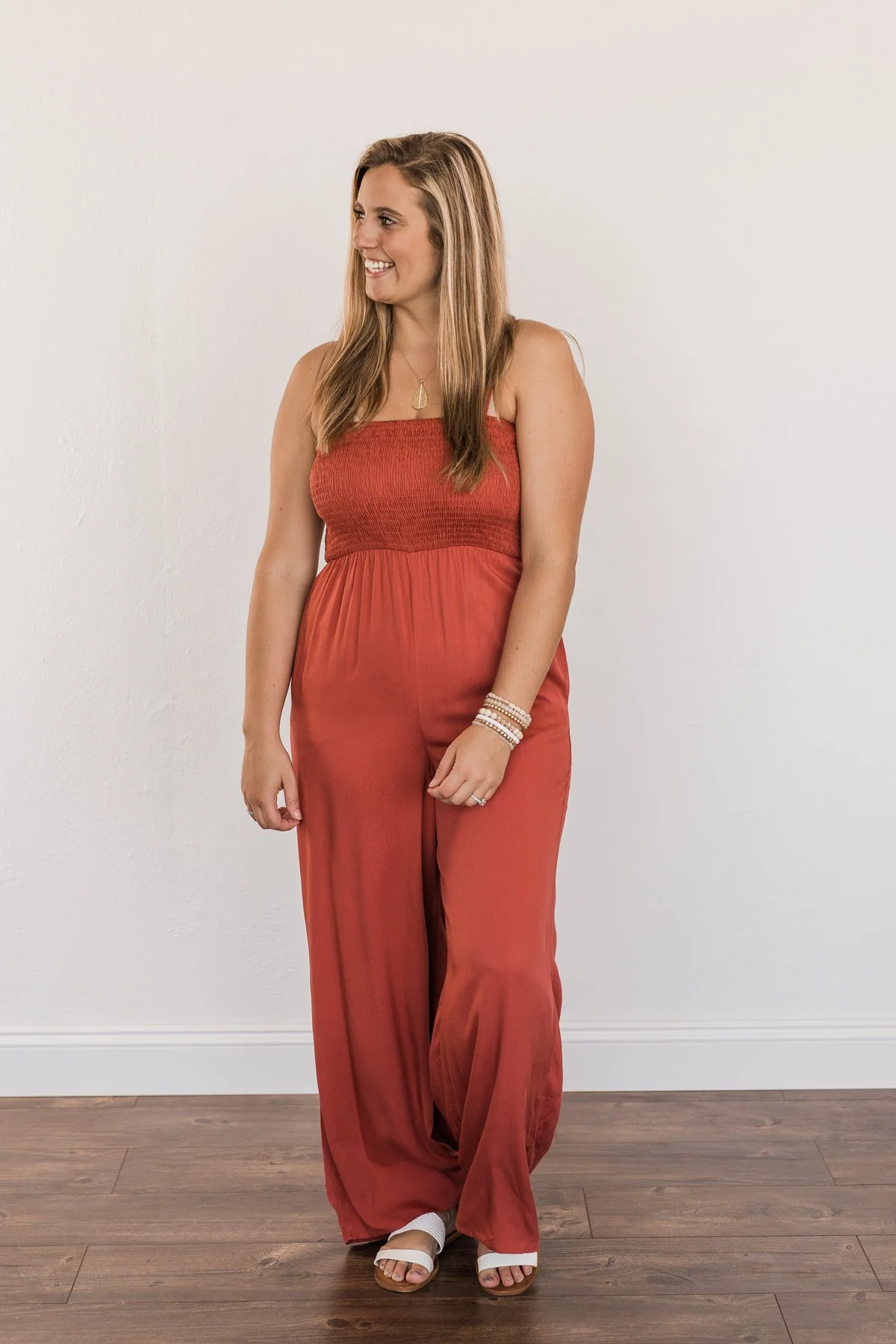 Adventure Of A Lifetime Smocked Jumpsuit- Brick - Image 3