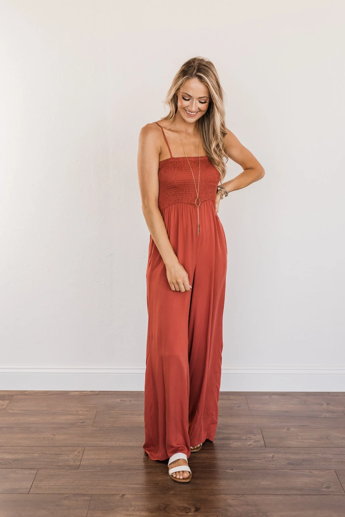 Adventure Of A Lifetime Smocked Jumpsuit- Brick - Image 4