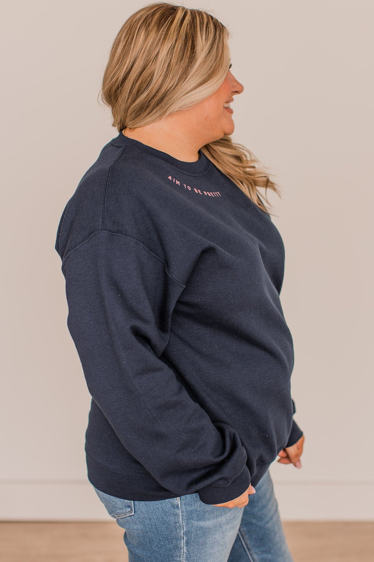 "Aim To Be Pretty" Crew Neck Pullover- Navy - Image 7