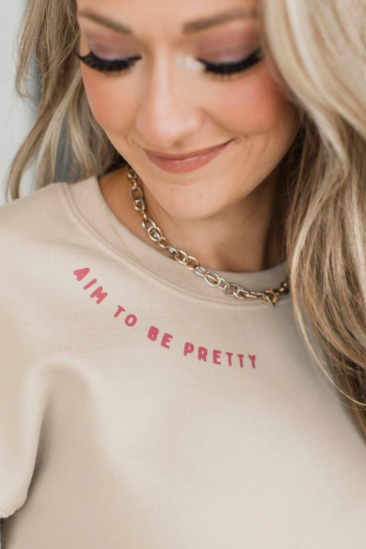 "Aim To Be Pretty" Crew Neck Pullover- Sand - Image 2