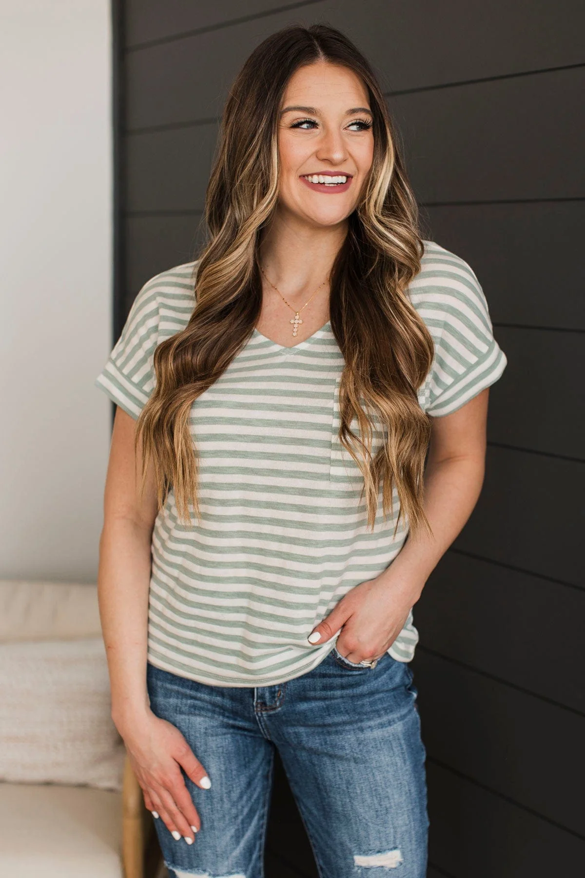All About Simplicity Striped Top- Ivory & Dusty Mint - Image 2