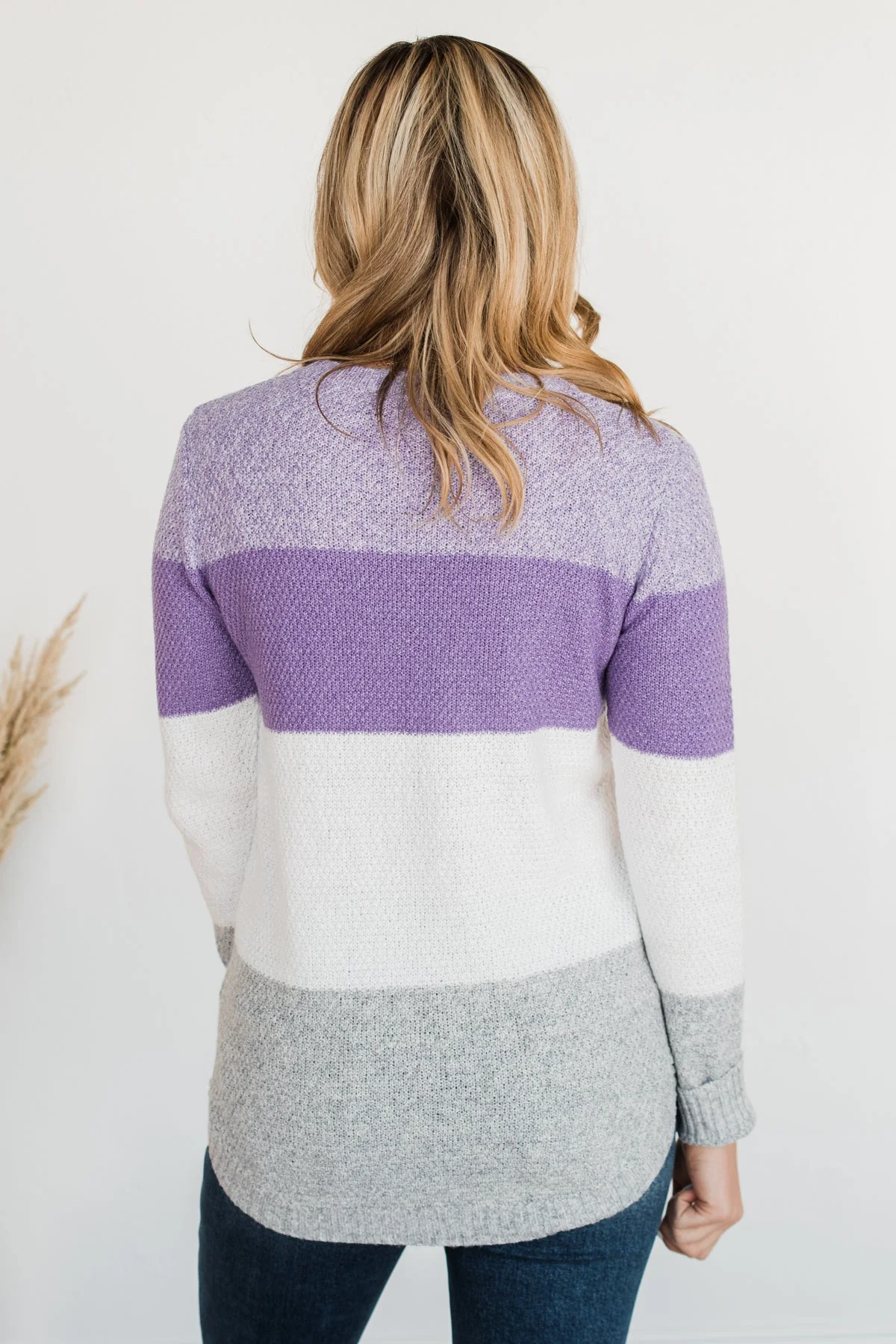 All About Spring Color Block Knit Sweater- Lavender & Ivory - Image 11