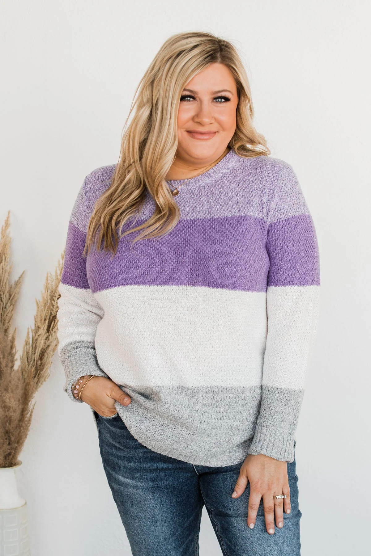 All About Spring Color Block Knit Sweater- Lavender & Ivory - Image 12