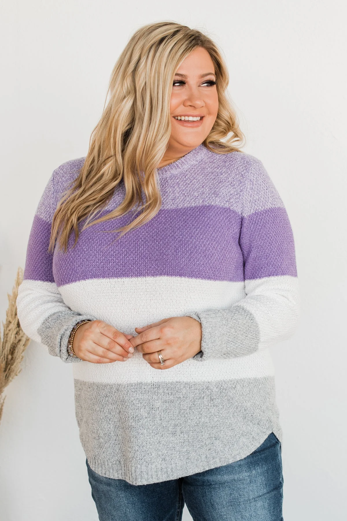 All About Spring Color Block Knit Sweater- Lavender & Ivory - Image 13