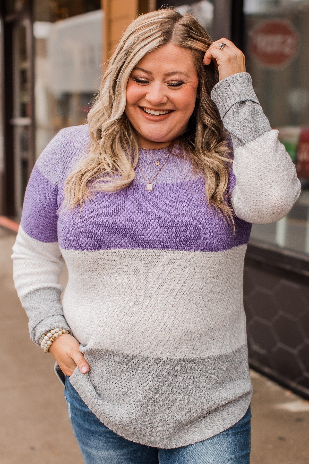 All About Spring Color Block Knit Sweater- Lavender & Ivory - Image 3