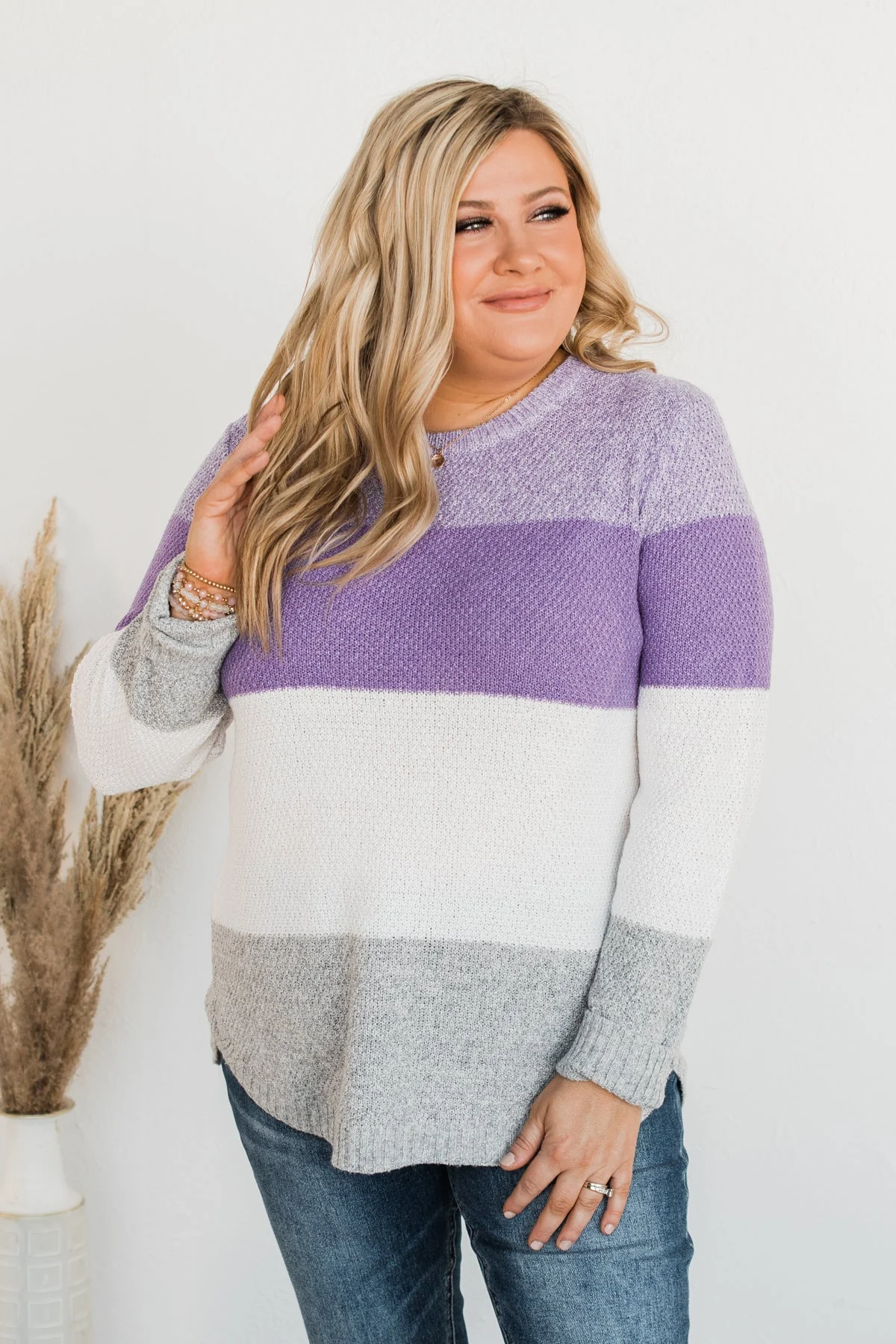 All About Spring Color Block Knit Sweater- Lavender & Ivory - Image 4
