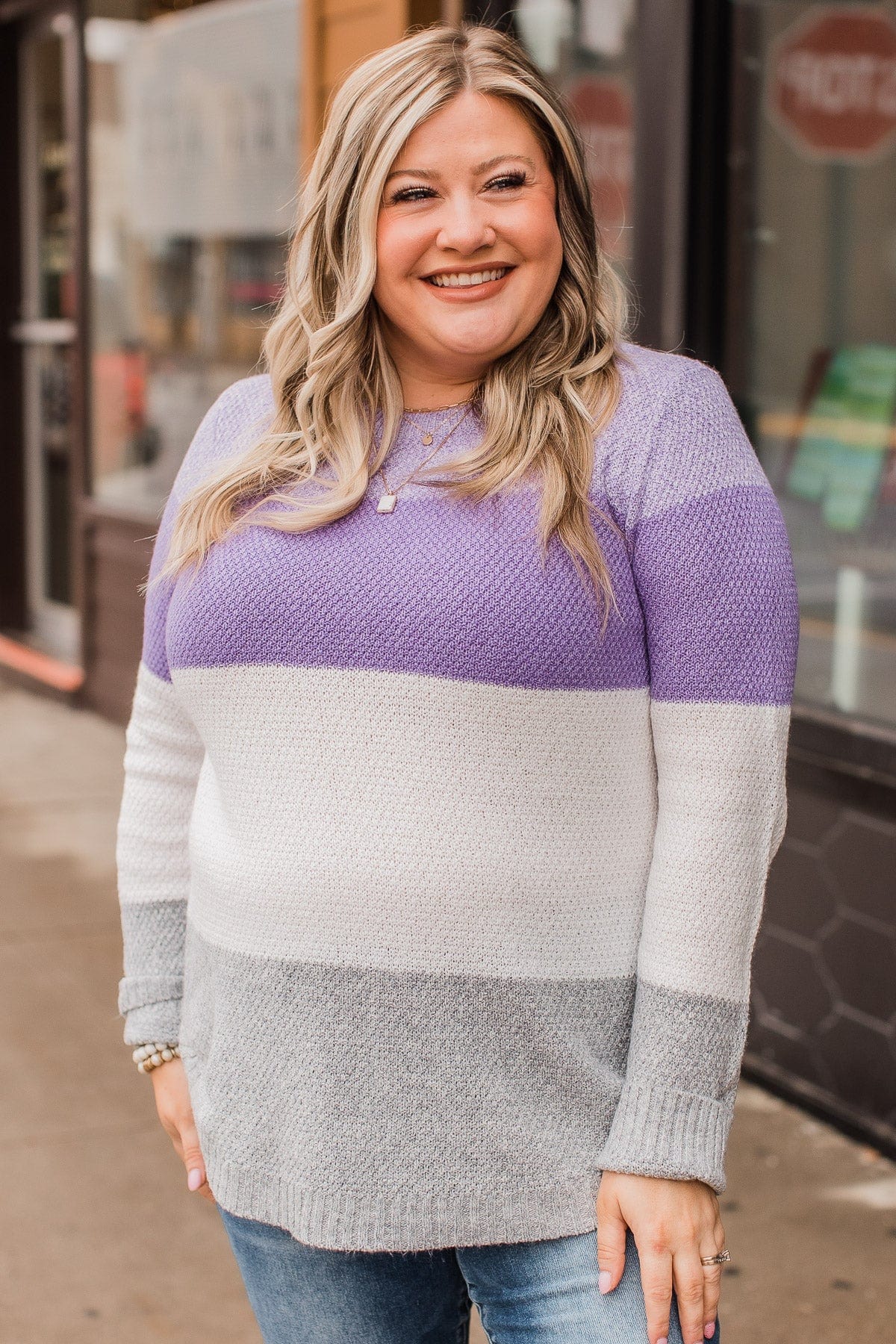 All About Spring Color Block Knit Sweater- Lavender & Ivory - Image 5