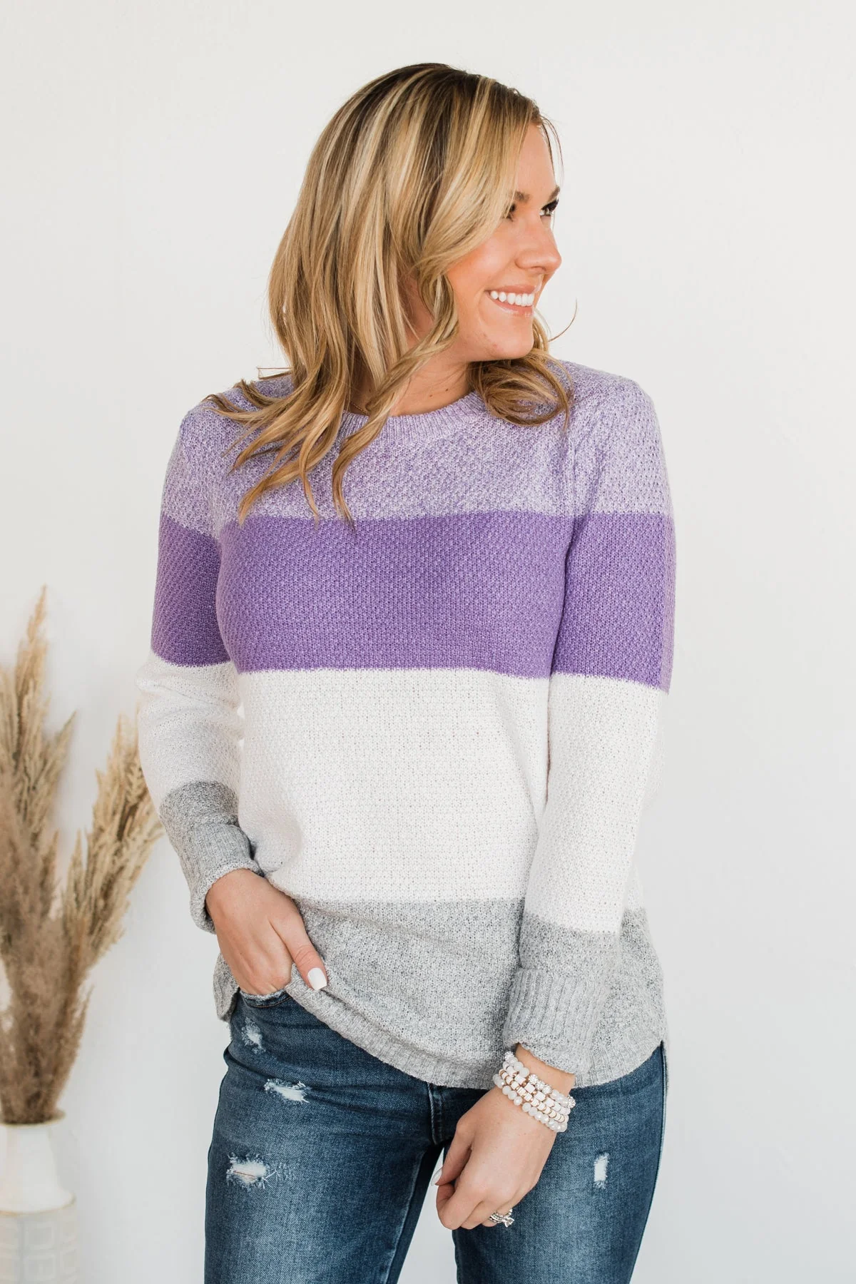 All About Spring Color Block Knit Sweater- Lavender & Ivory - Image 6