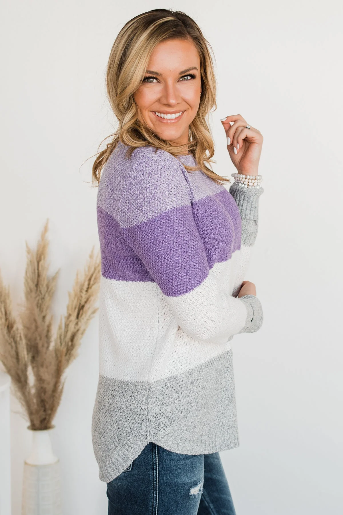 All About Spring Color Block Knit Sweater- Lavender & Ivory - Image 9