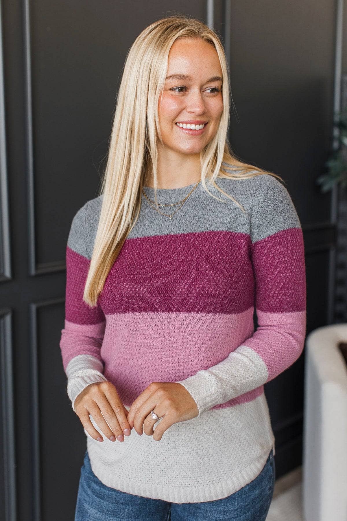 All About Spring Color Block Knit Sweater- Magenta & Mauve