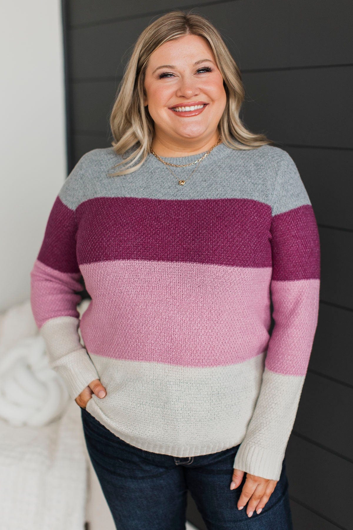 All About Spring Color Block Knit Sweater- Magenta & Mauve - Image 2