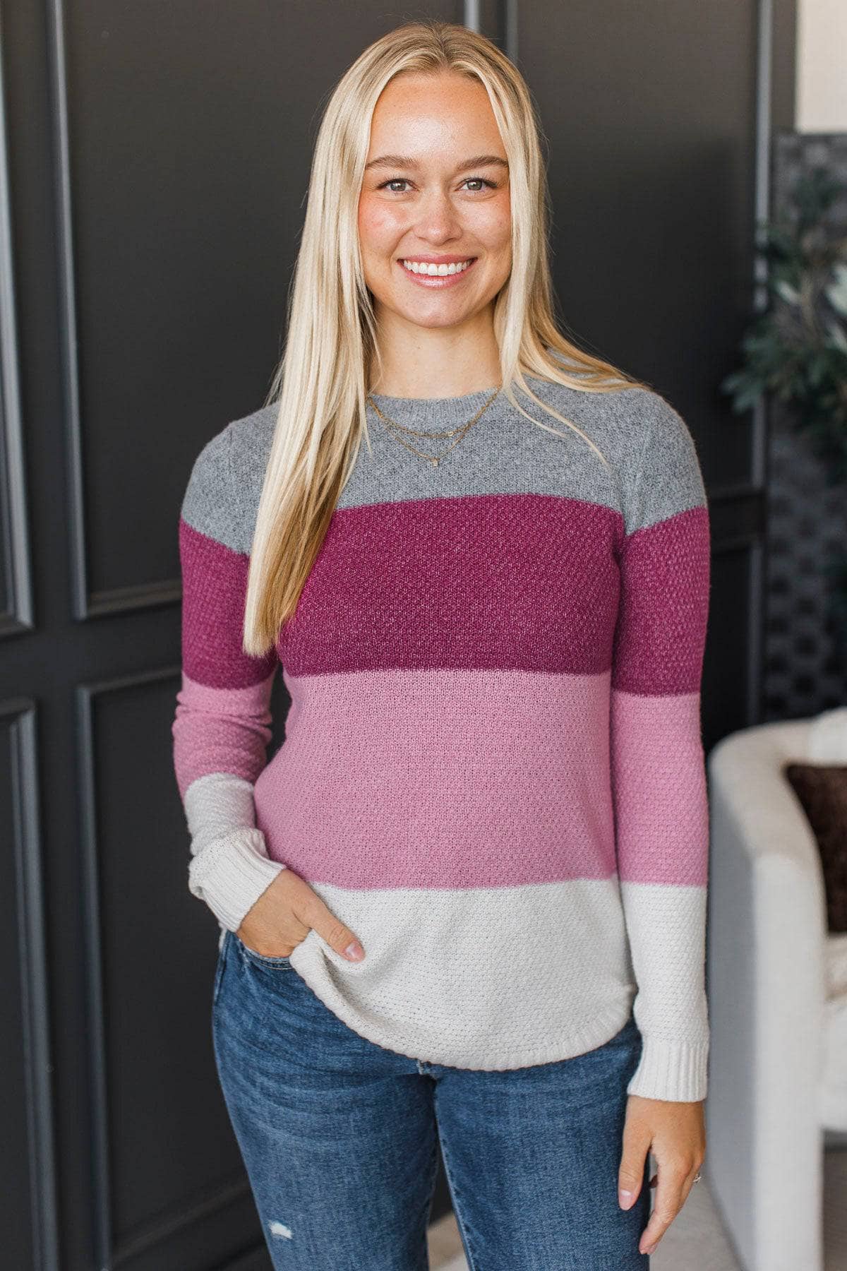 All About Spring Color Block Knit Sweater- Magenta & Mauve - Image 3