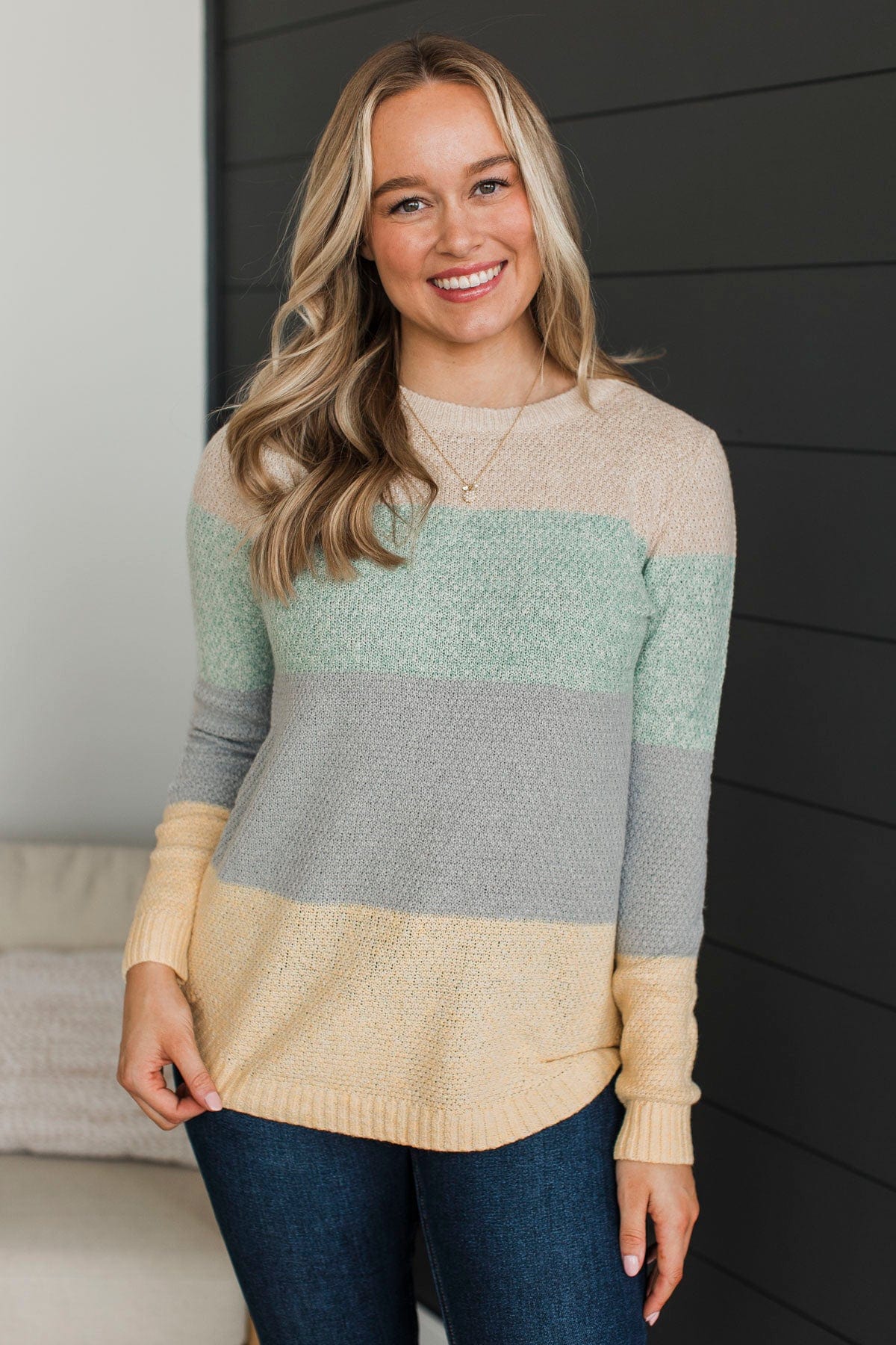 All About Spring Color Block Knit Sweater- Sage & Grey - Image 4