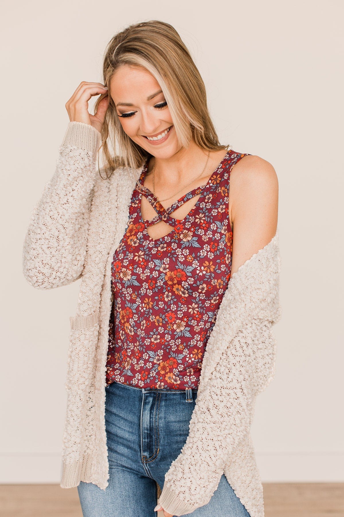 All About You Floral Tank Top- Burgundy - Image 2