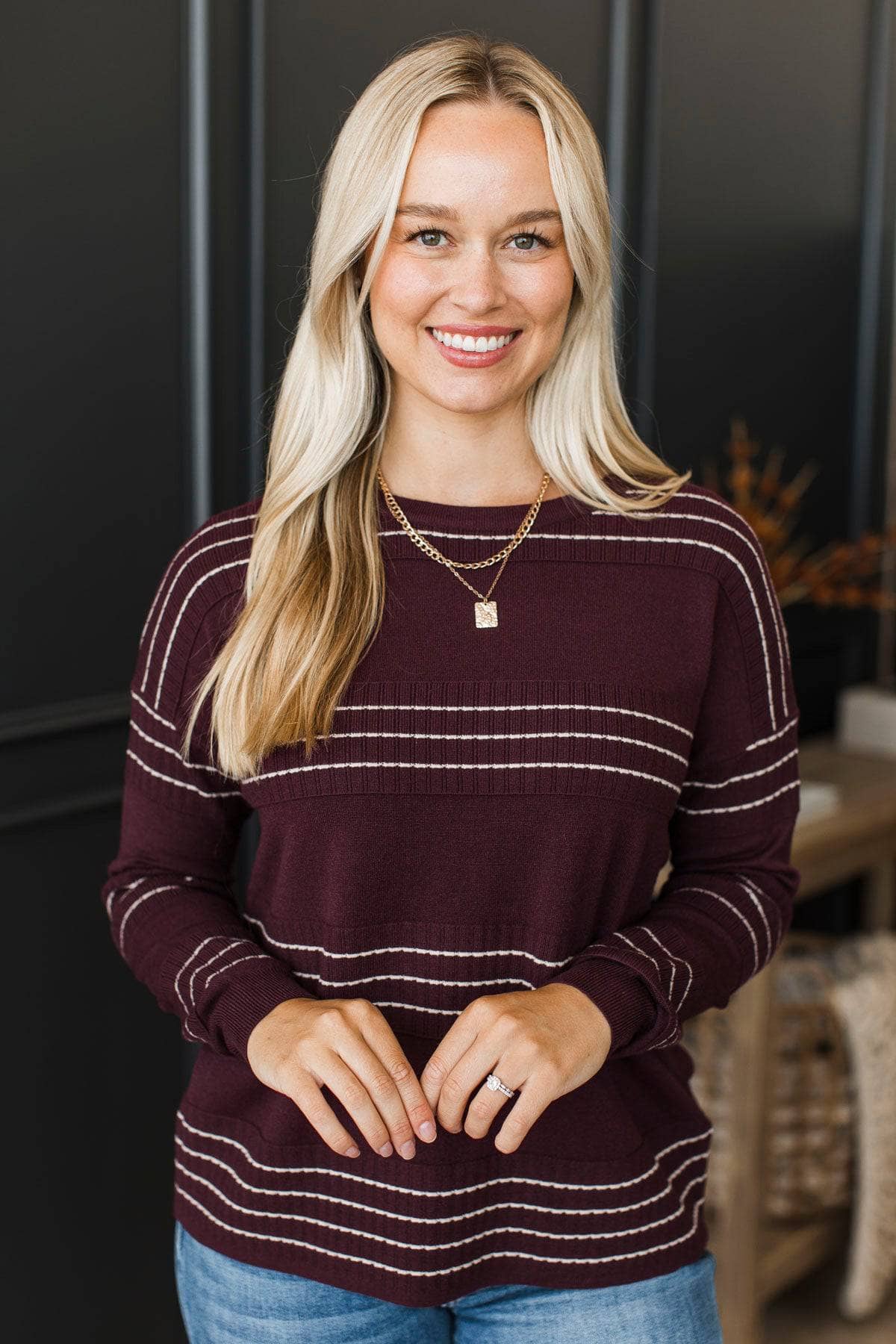 All At Once Stitch Stripe Sweater- Dark Plum - Image 2