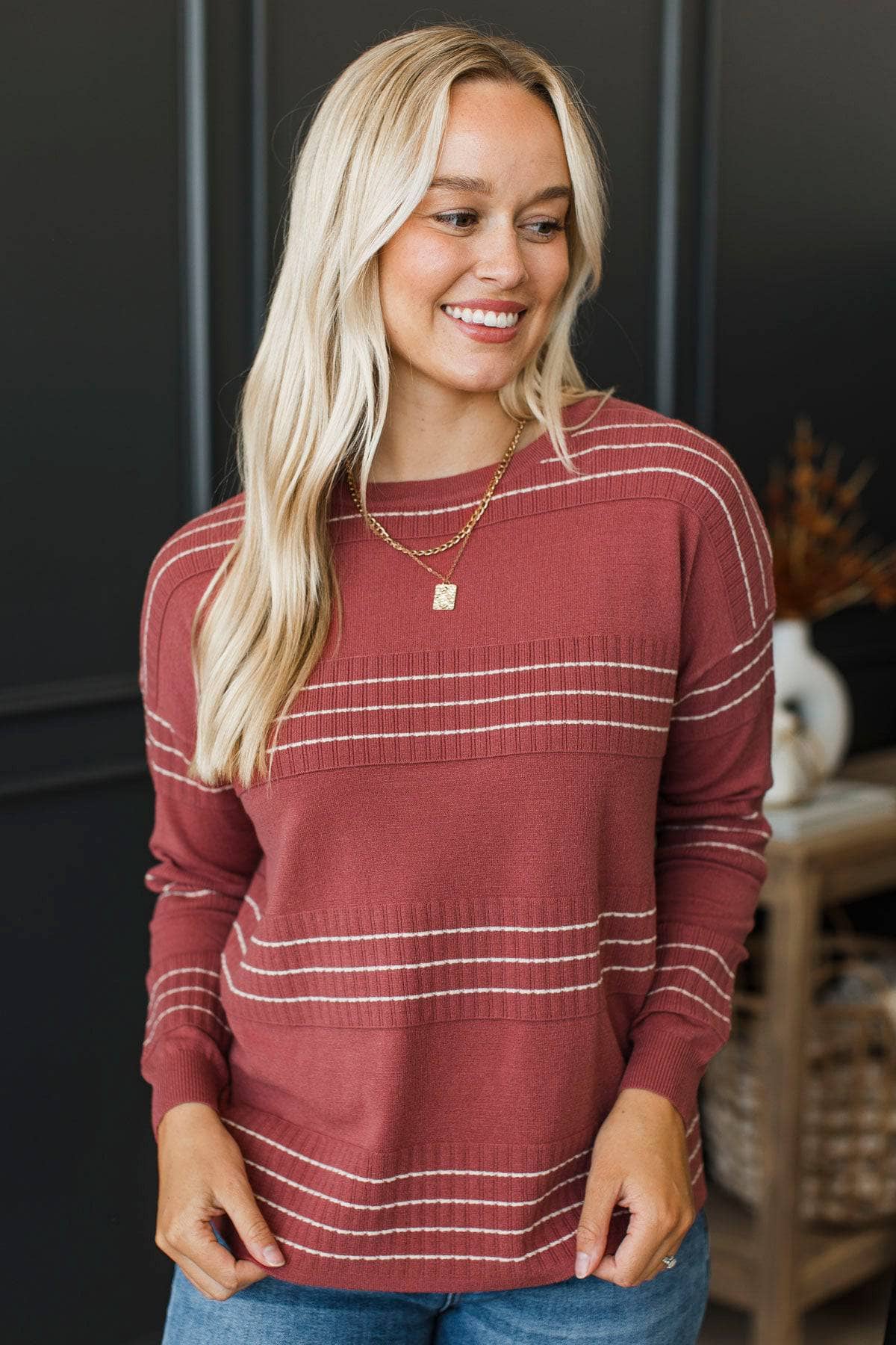All At Once Stitch Stripe Sweater- Marsala - Image 3