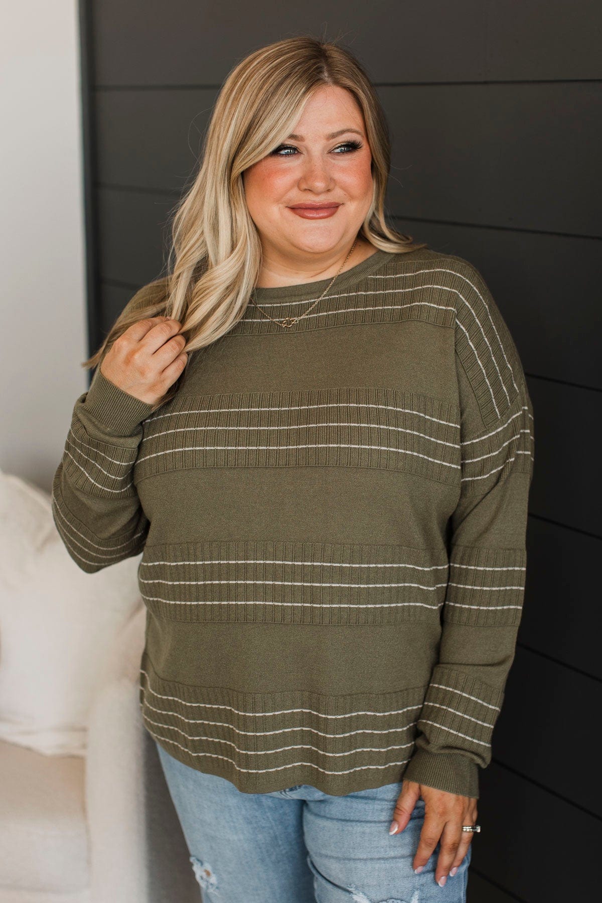All At Once Stitch Stripe Sweater- Olive