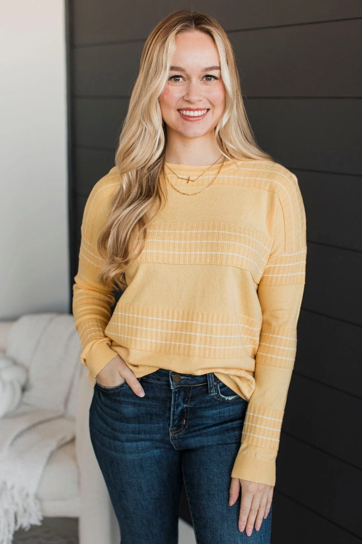 All At Once Stitch Stripe Sweater- Yellow - Image 2