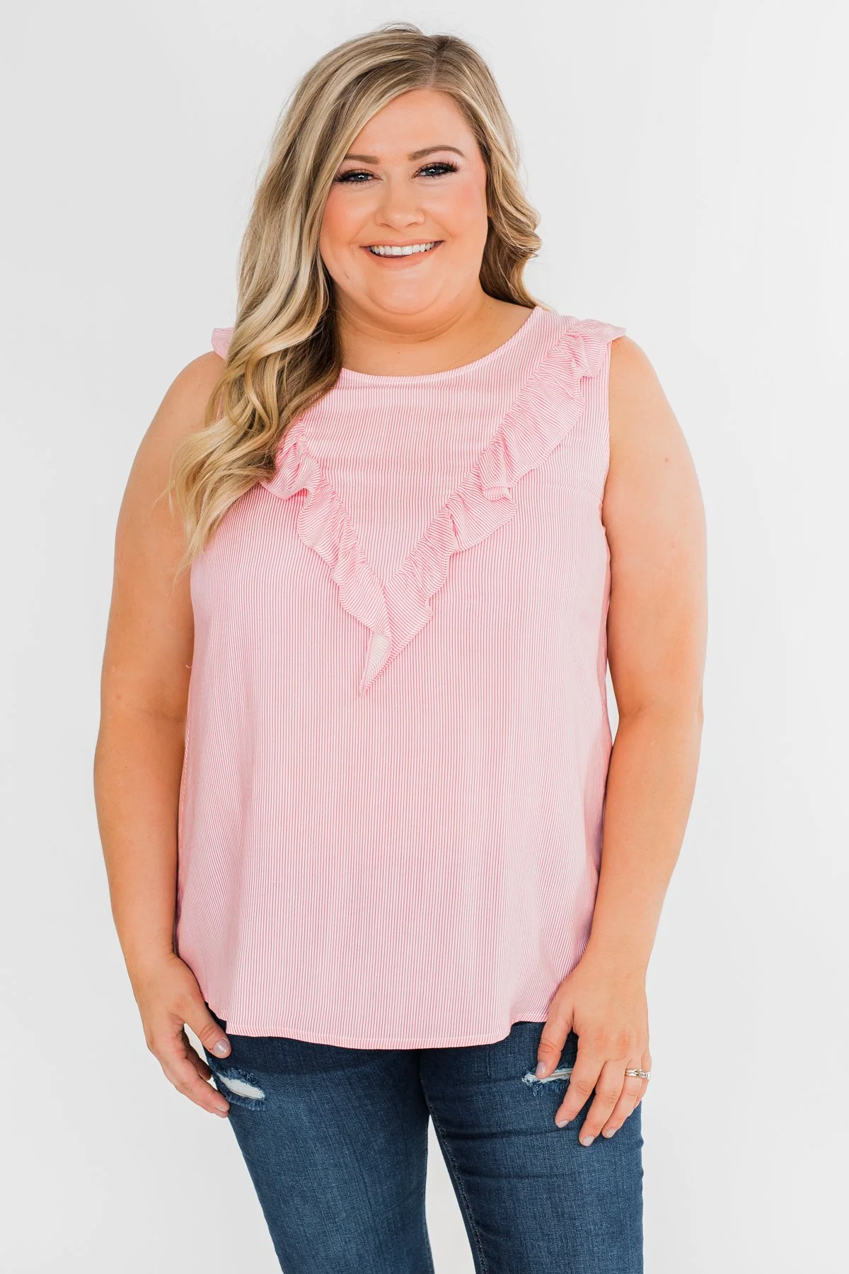 All Eyes On Me Striped Ruffle Tank Top- Pink - Image 4