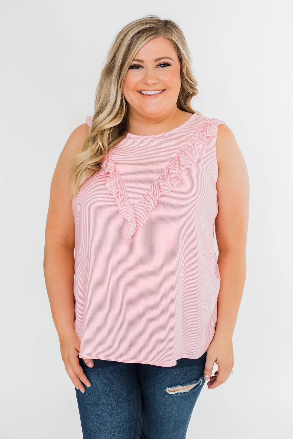 All Eyes On Me Striped Ruffle Tank Top- Pink - Image 6