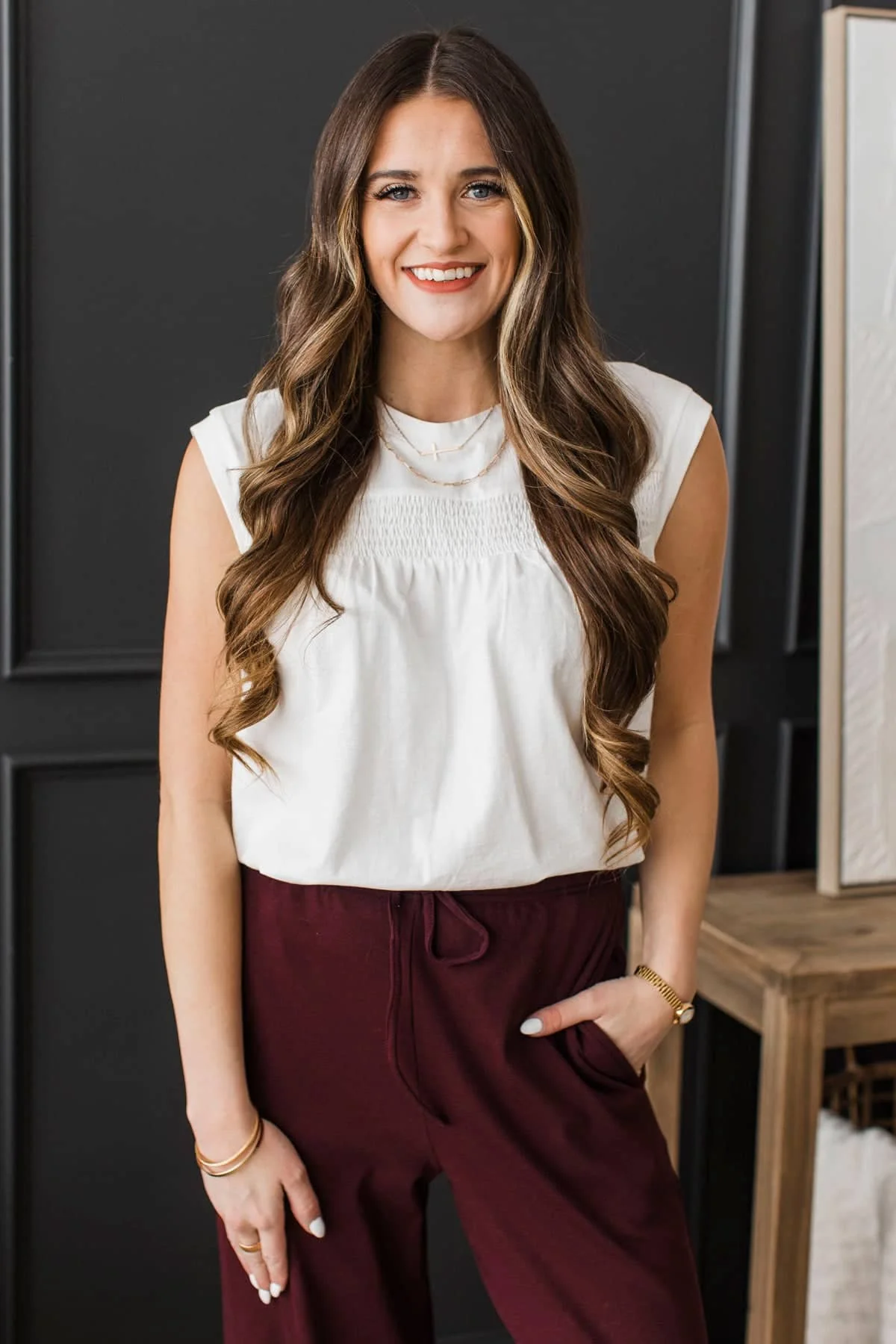 All Good Signs Smocked Sleeveless Top- Off-White