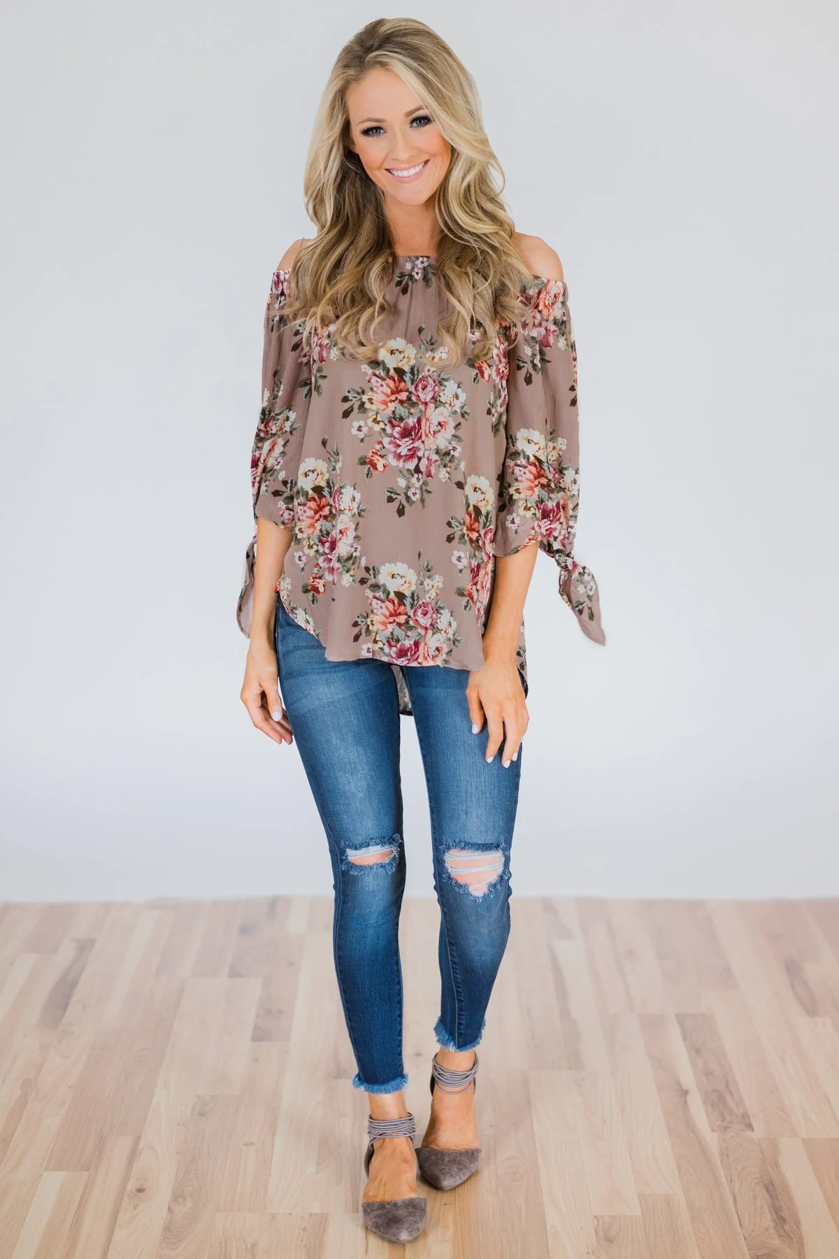 All I Want Floral Off the Shoulder Top- Mocha - Image 6