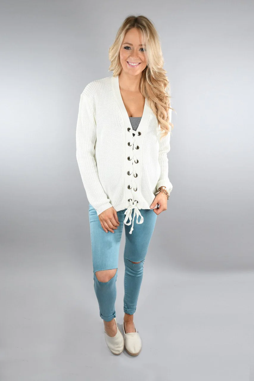 All I Want ~ Cream Lace Up Top - Image 2