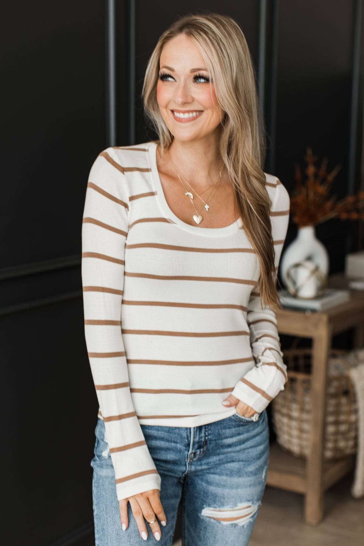 All In Balance Long Sleeve Striped Top- Ivory & Caramel - Image 2