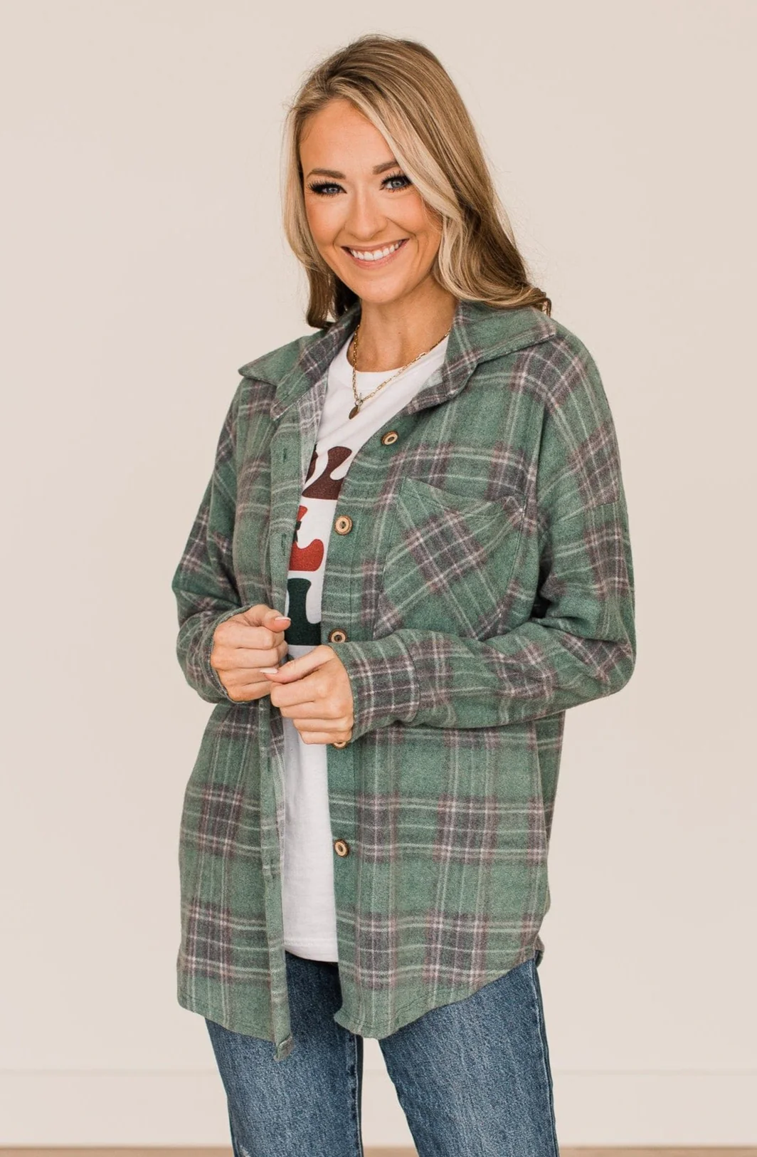 All In Plaid Button Top- Dusty Jade - Image 2