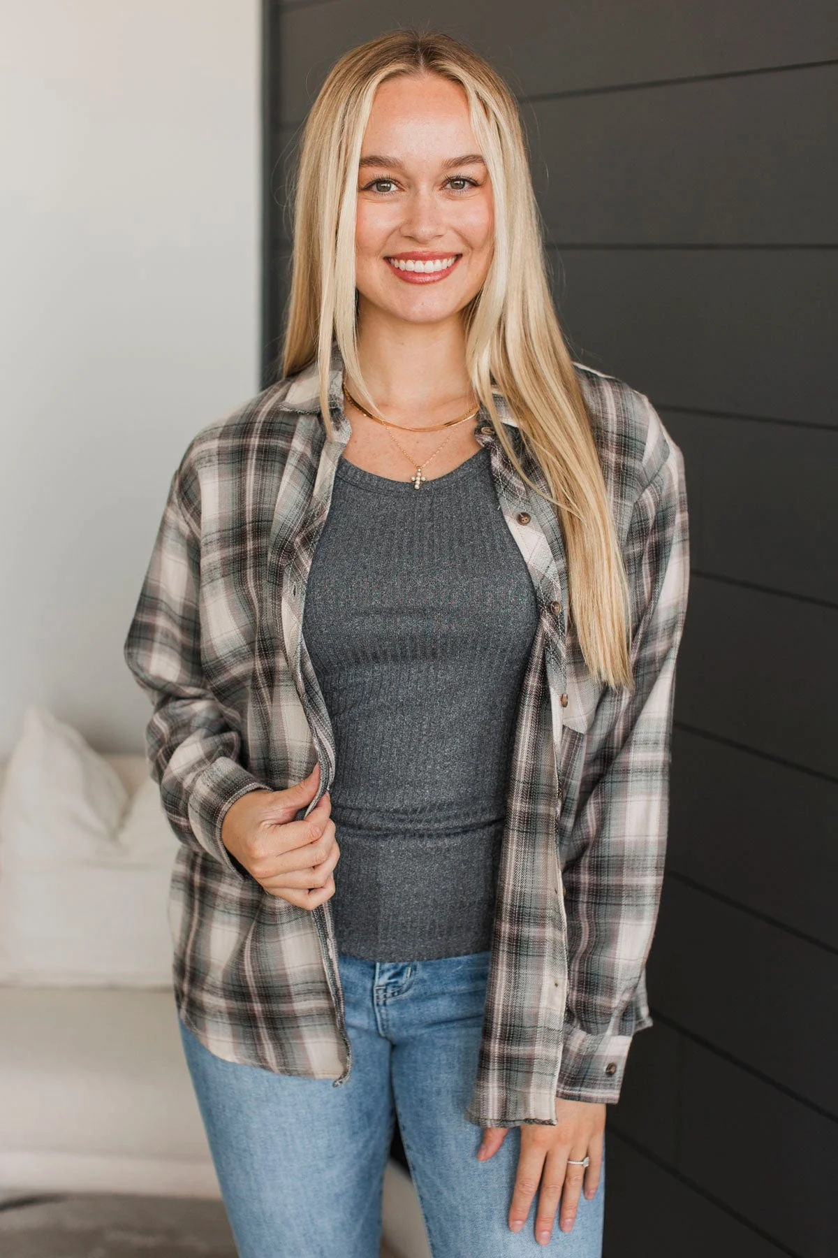 All My Devotion Plaid Button Top- Charcoal & Sage