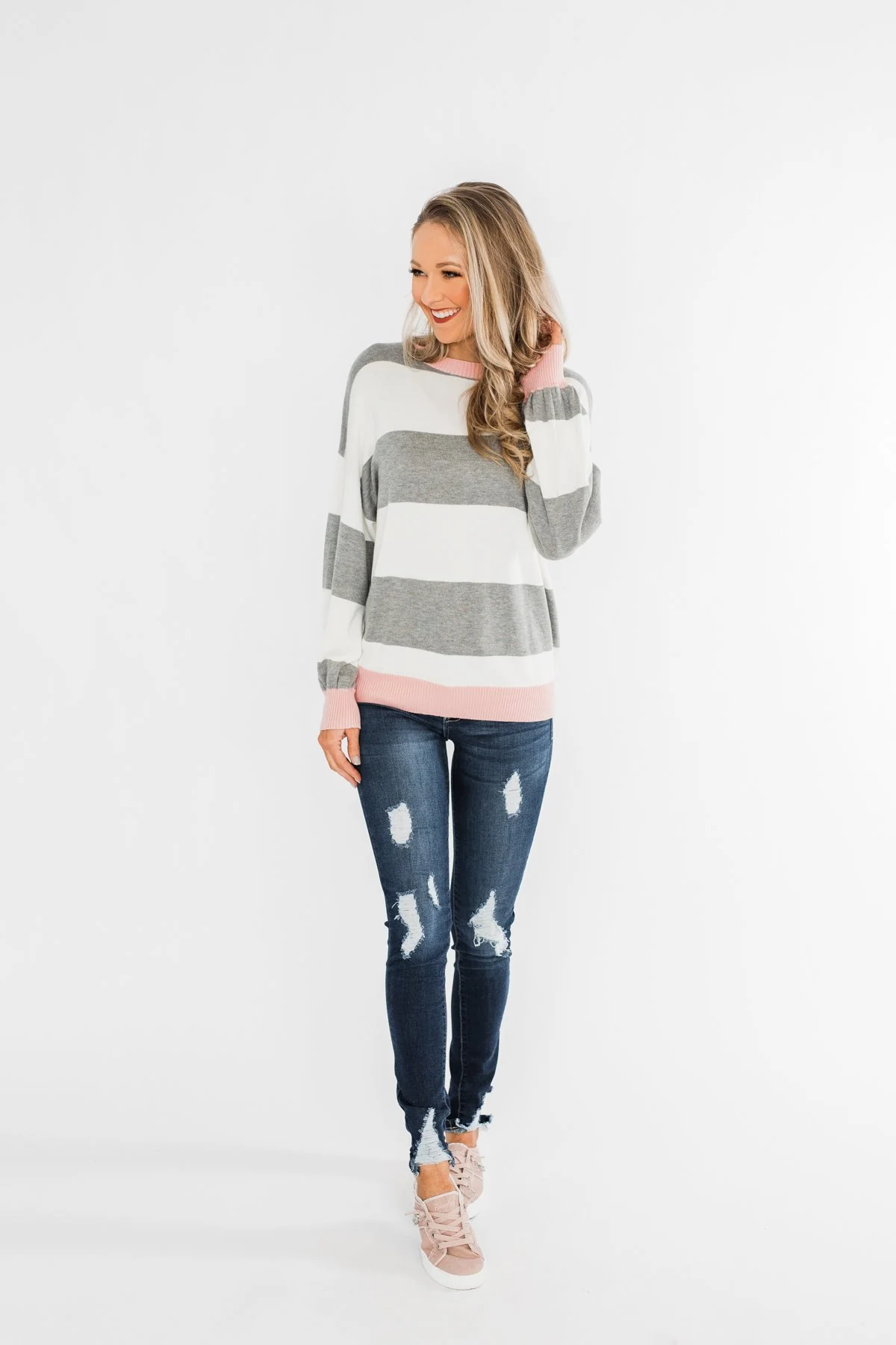 All My Life Striped Sweater- Grey & Pink - Image 4