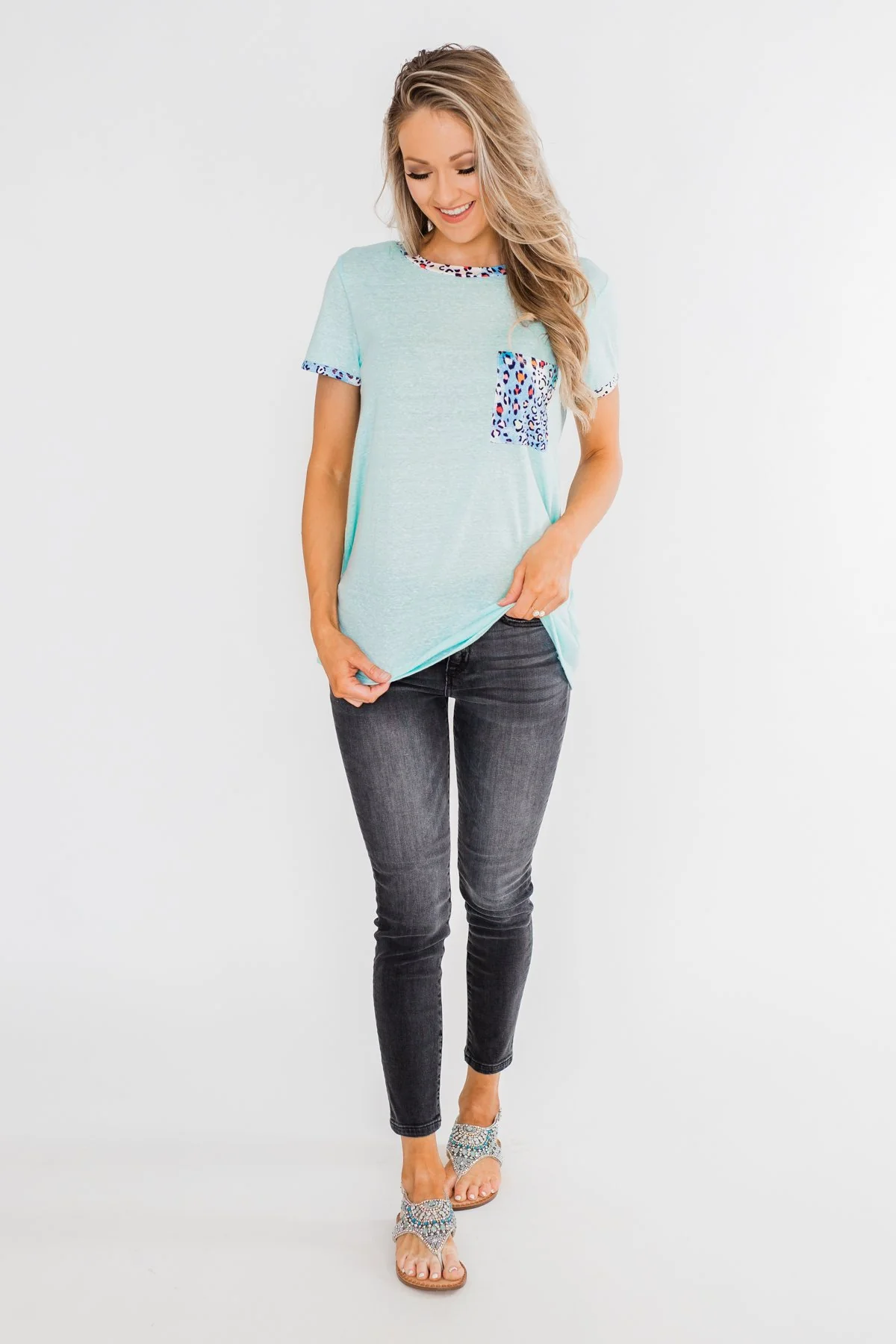 All Of A Sudden Leopard Pocket Top- Light Blue - Image 3