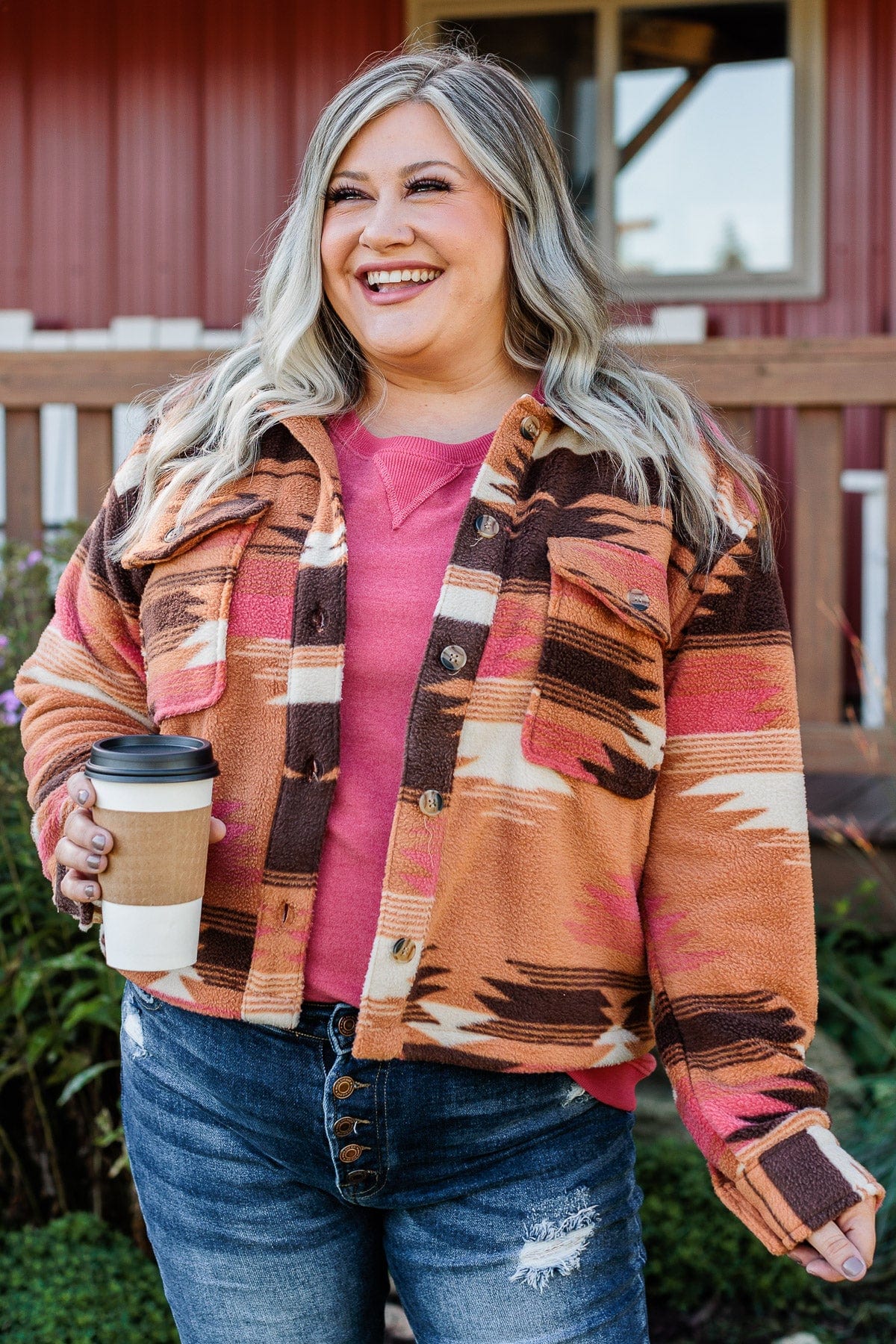 All Or Nothing Aztec Fleece Jacket- Brown & Pink - Image 2