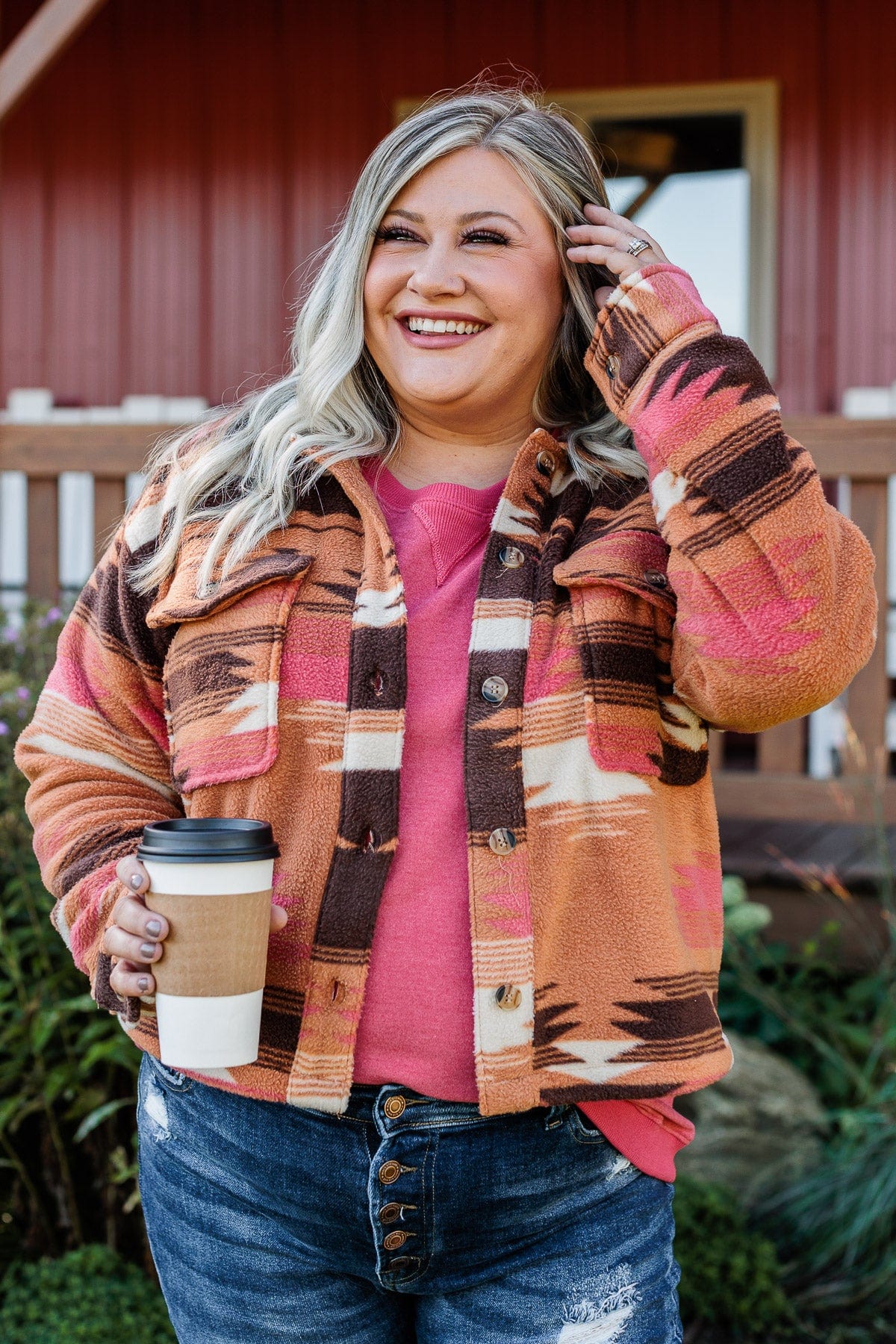 All Or Nothing Aztec Fleece Jacket- Brown & Pink - Image 4