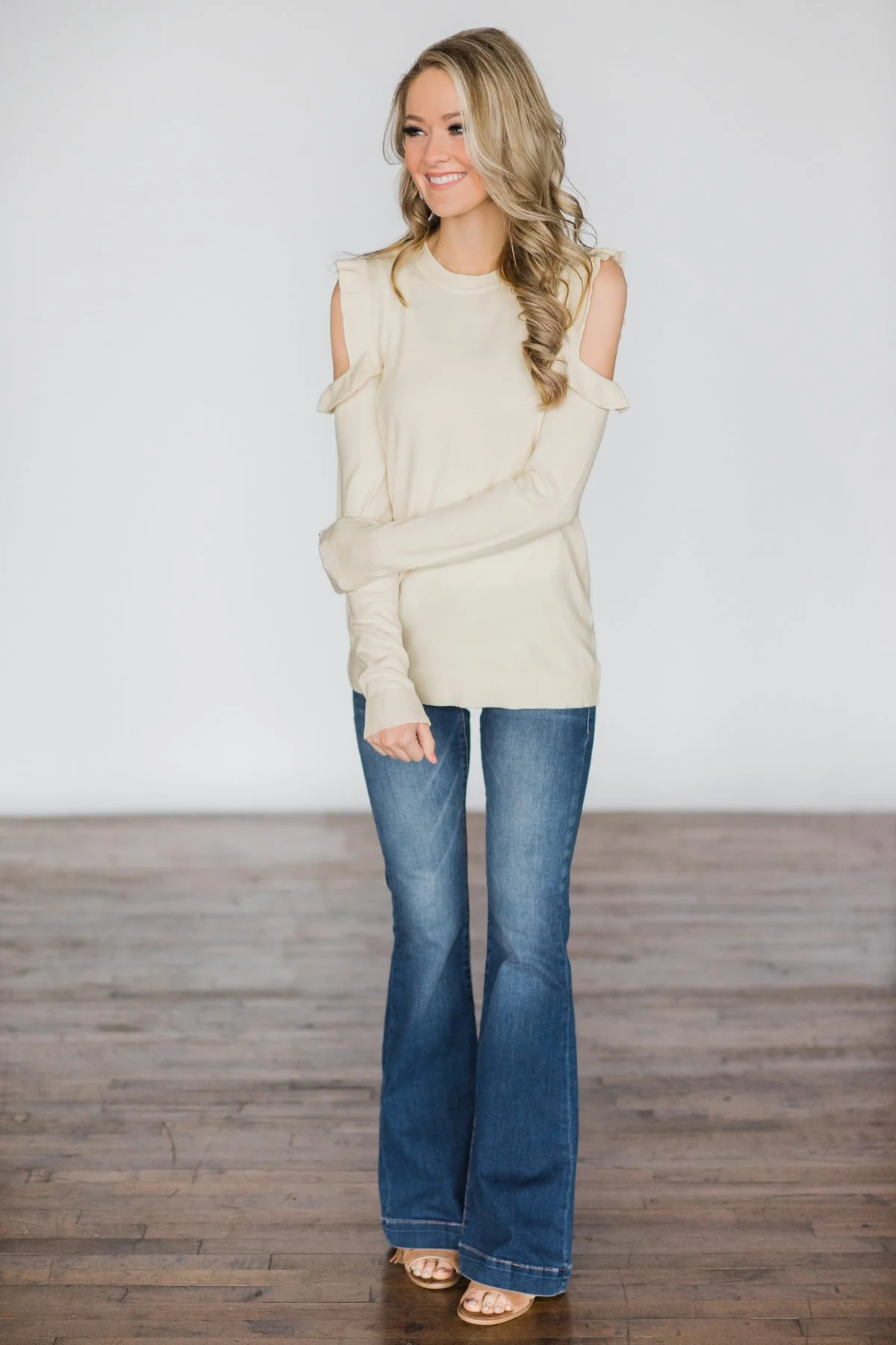 All Ruffled Up Cream Cold Shoulder Top - Image 2