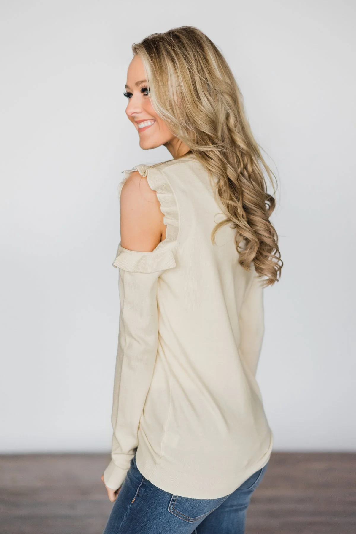 All Ruffled Up Cream Cold Shoulder Top - Image 7