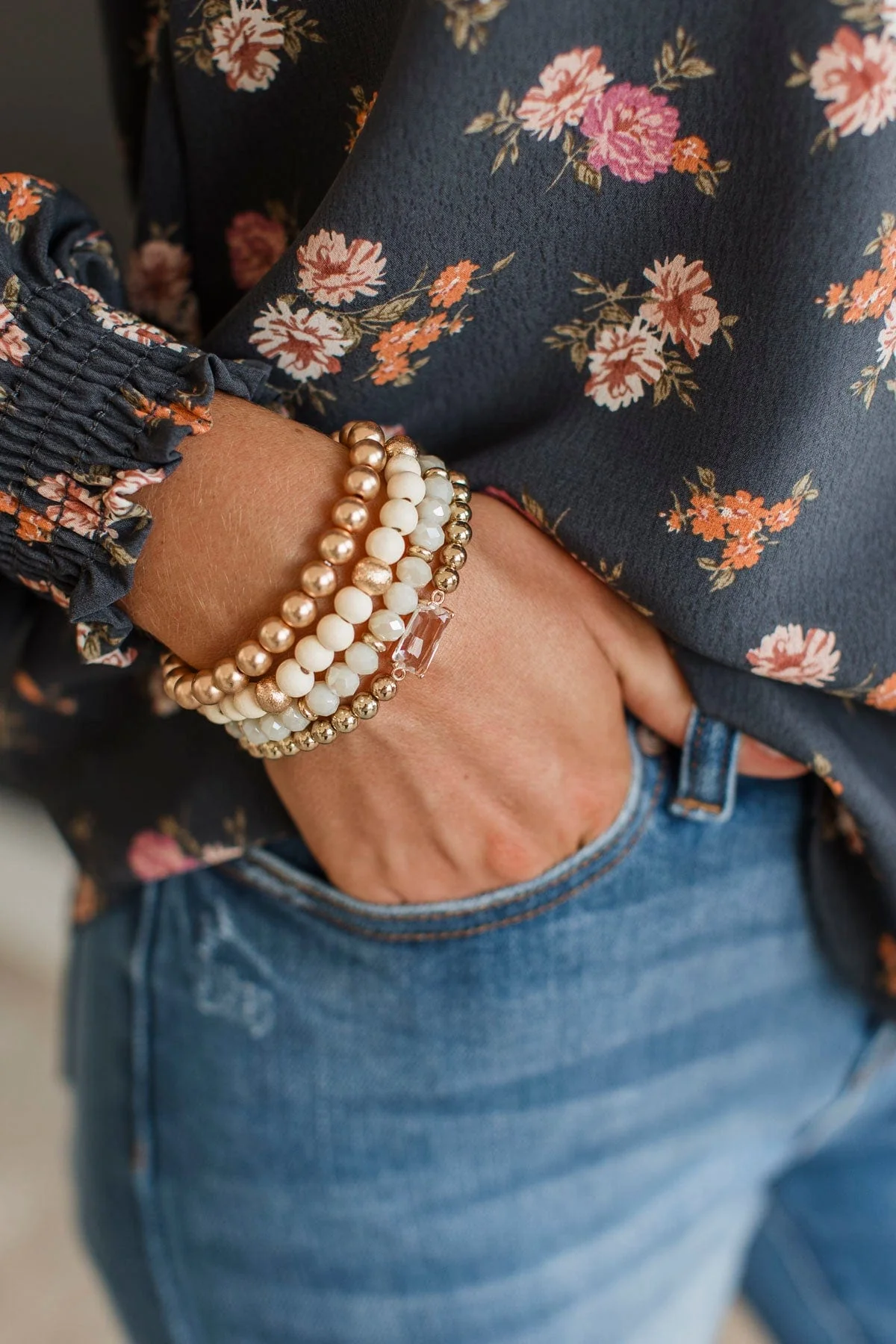 All Smiles Today Beaded Bracelet Set- Gold - Image 2
