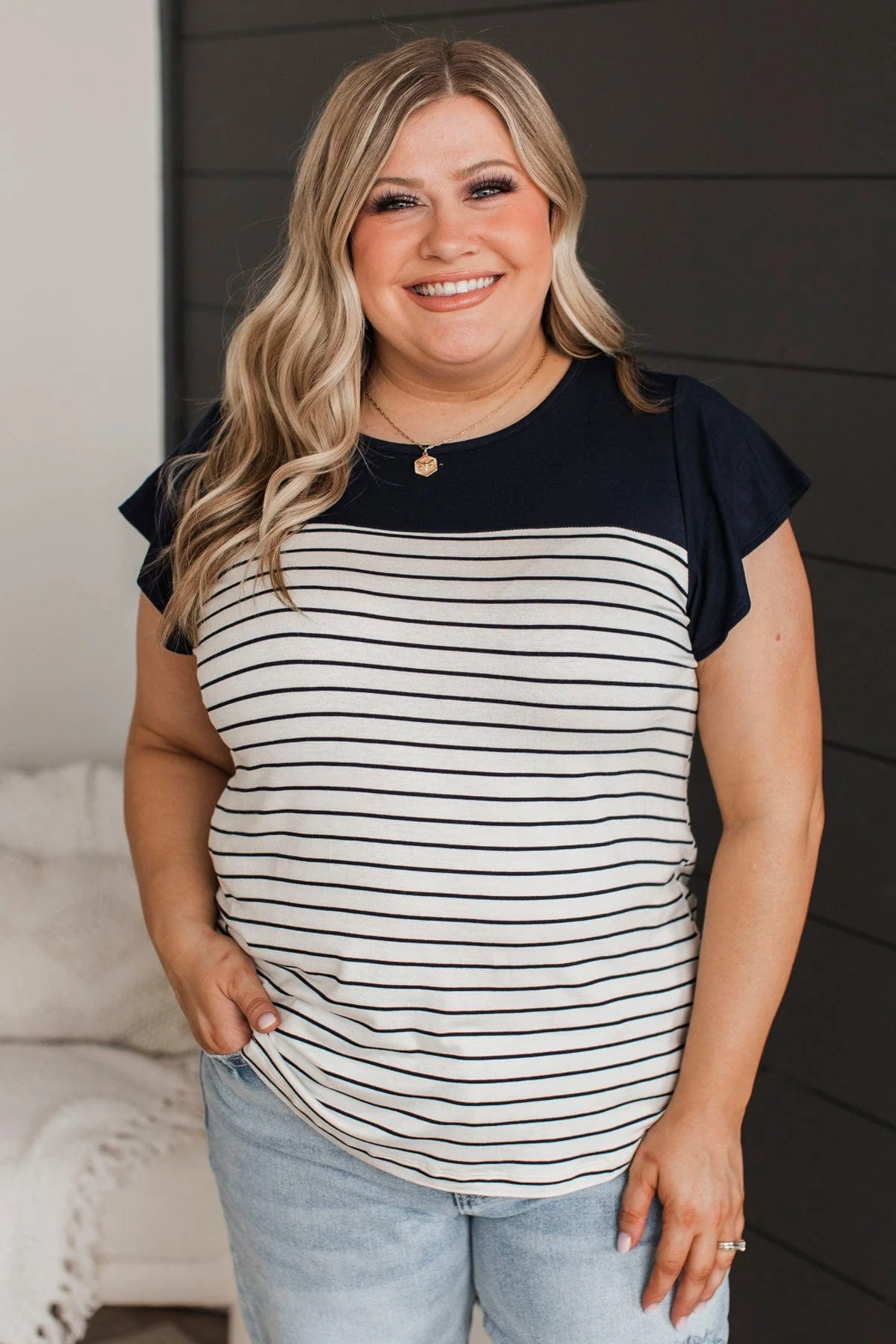 All That Confidence Striped Top- Ivory & Navy