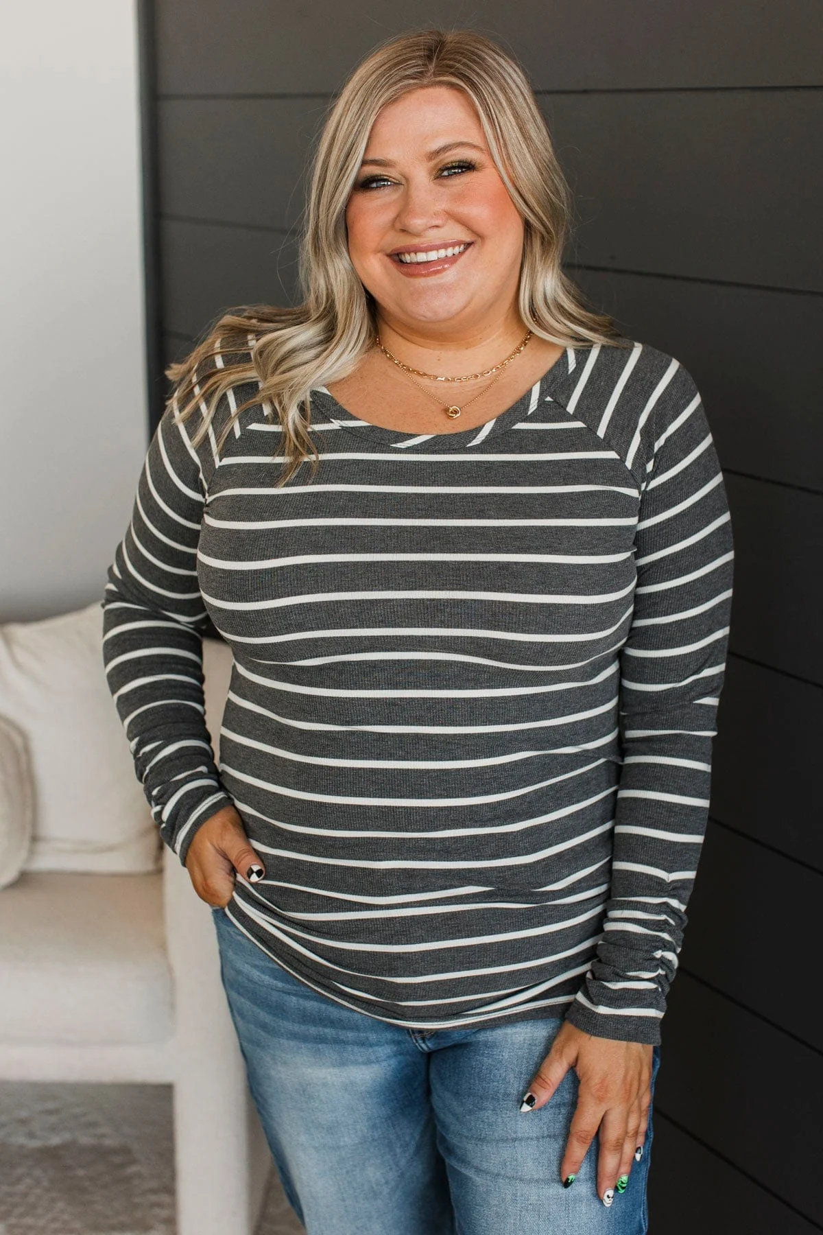All That Really Matters Ruched Top- Charcoal & White - Image 4