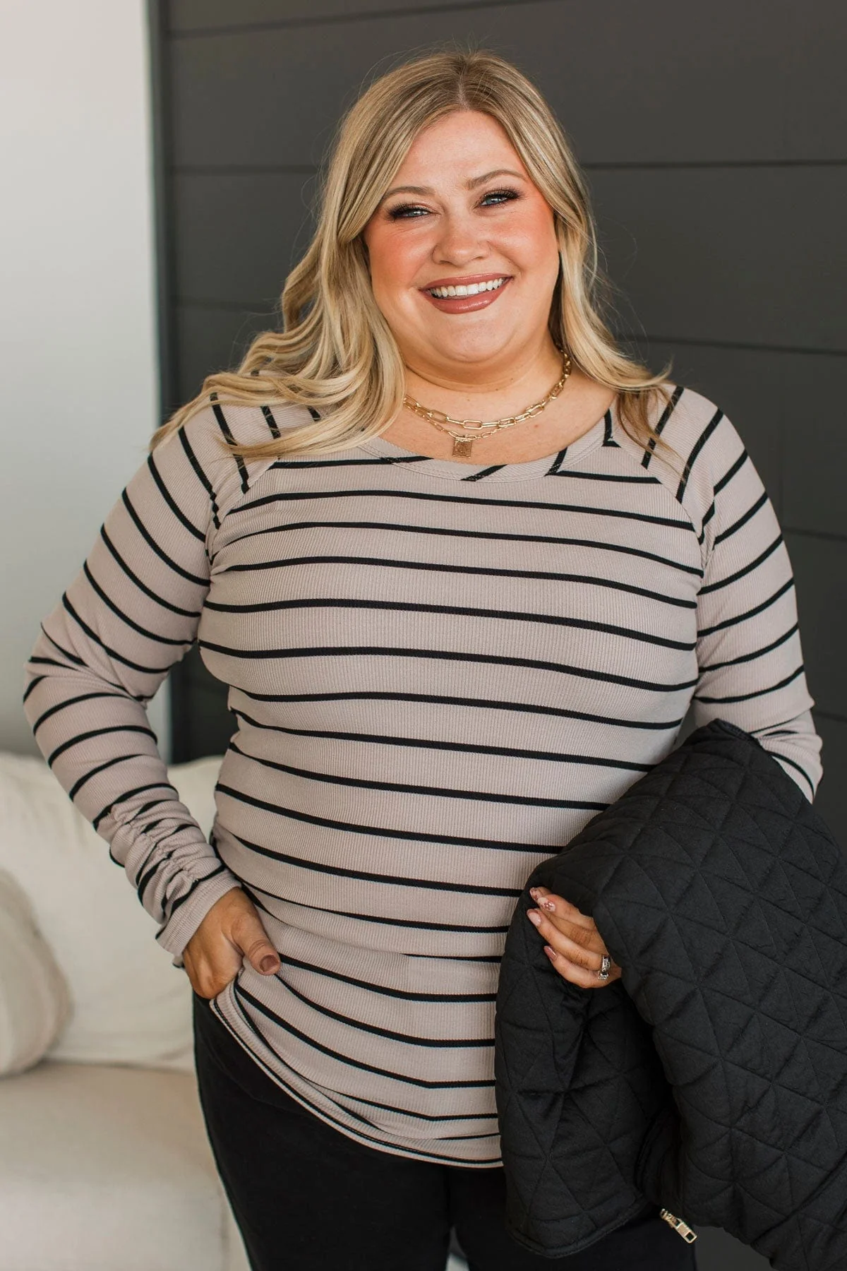 All That Really Matters Ruched Top- Light Mocha & Black - Image 3