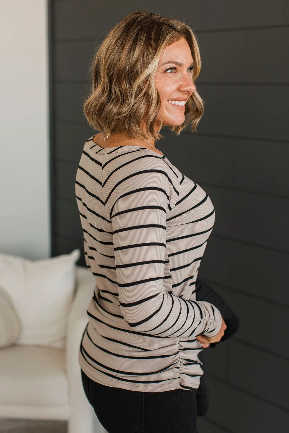 All That Really Matters Ruched Top- Light Mocha & Black - Image 6