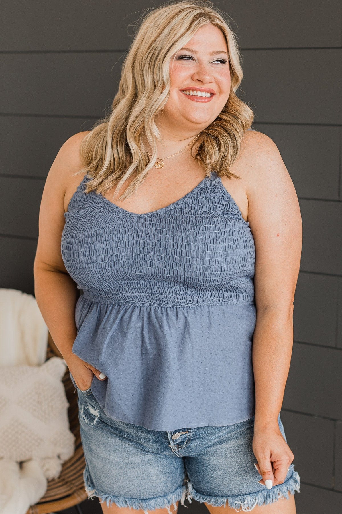 All The Appeal Babydoll Tank Top- Slate Blue - Image 2